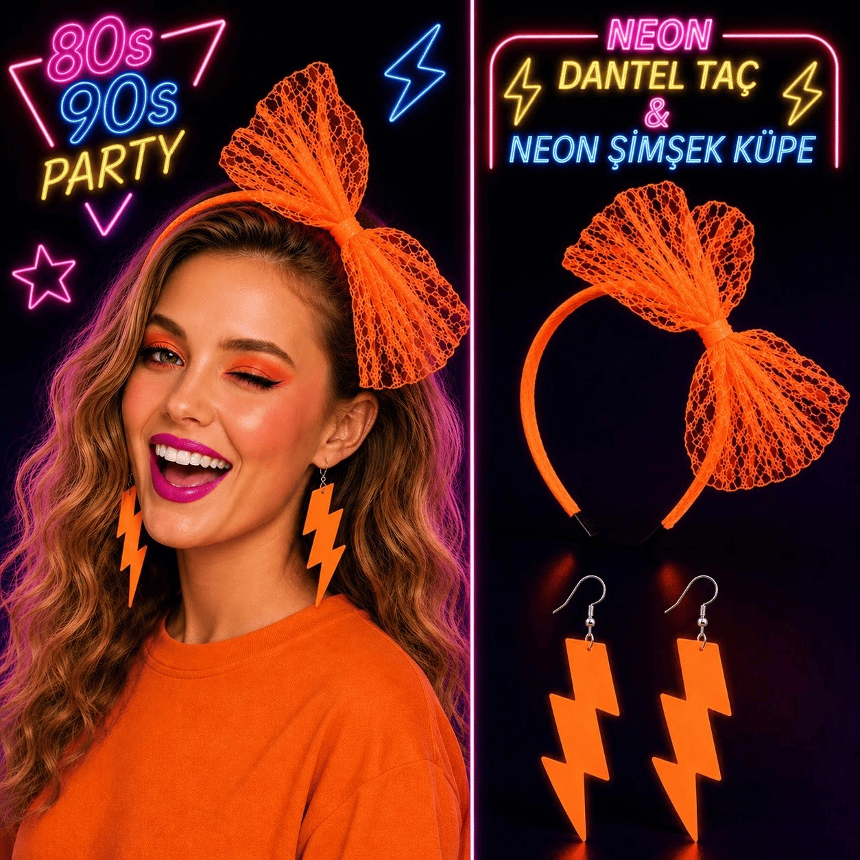Neon Turuncu Dantel Taç Ve Şimşek Küpe 8039ler 9039lar Parti Seti
