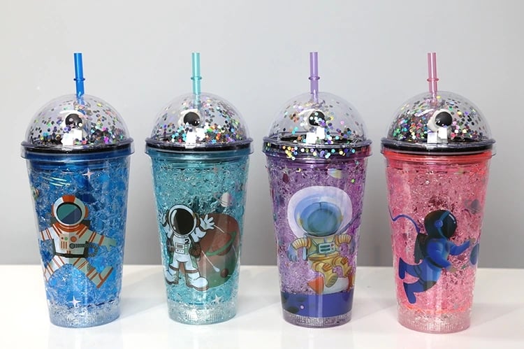 Sevimli Astronot Işıklı Pipetli Pullu Suluk & Bardak 400 Ml Alk3148