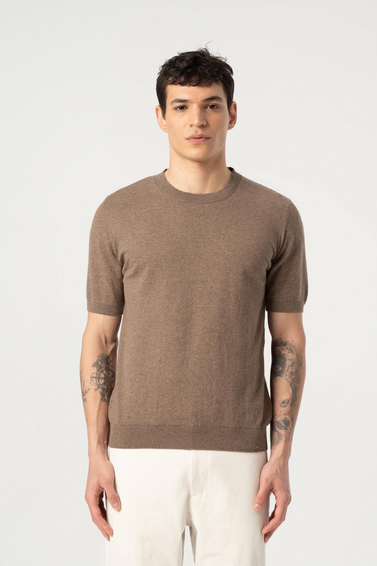 Triko Bisiklet Yaka Tshirt %100 Pamuk Kahve