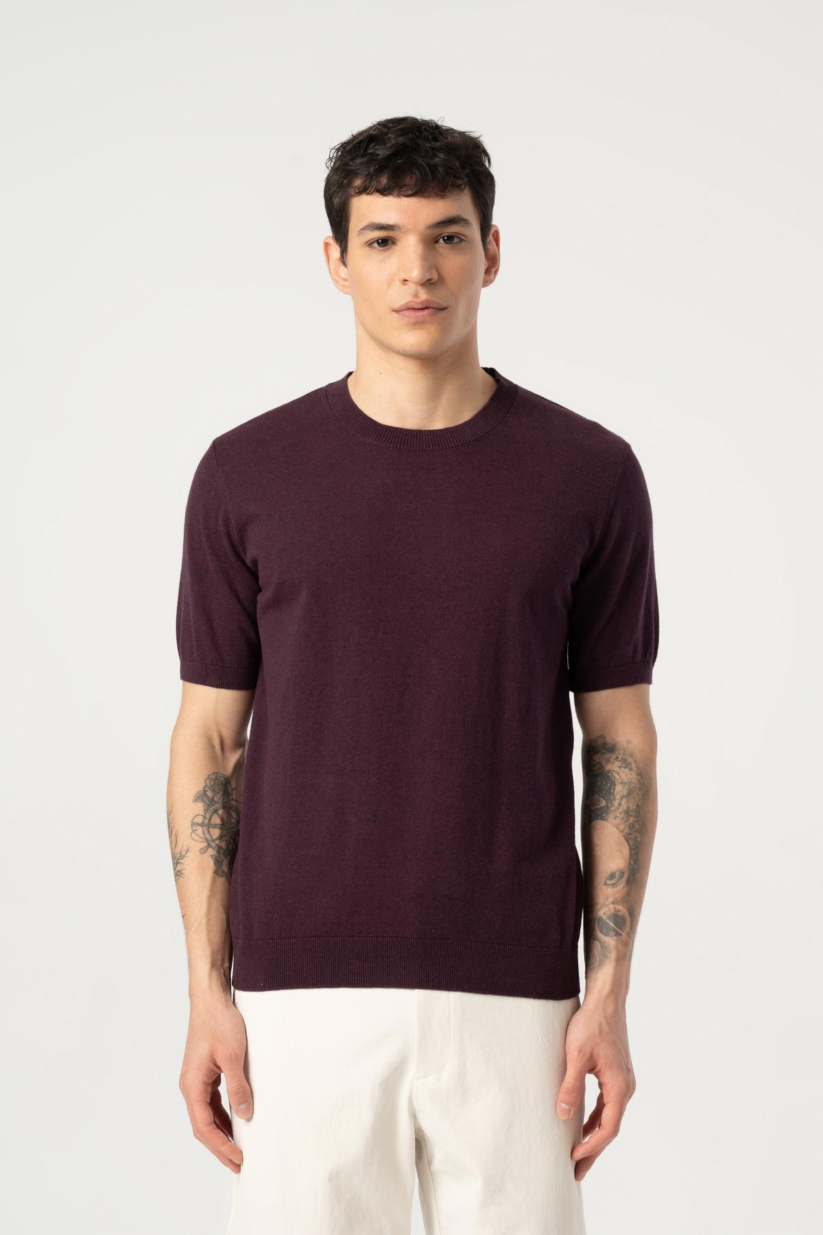 Triko Bisiklet Yaka Tshirt %100 Pamuk Mor