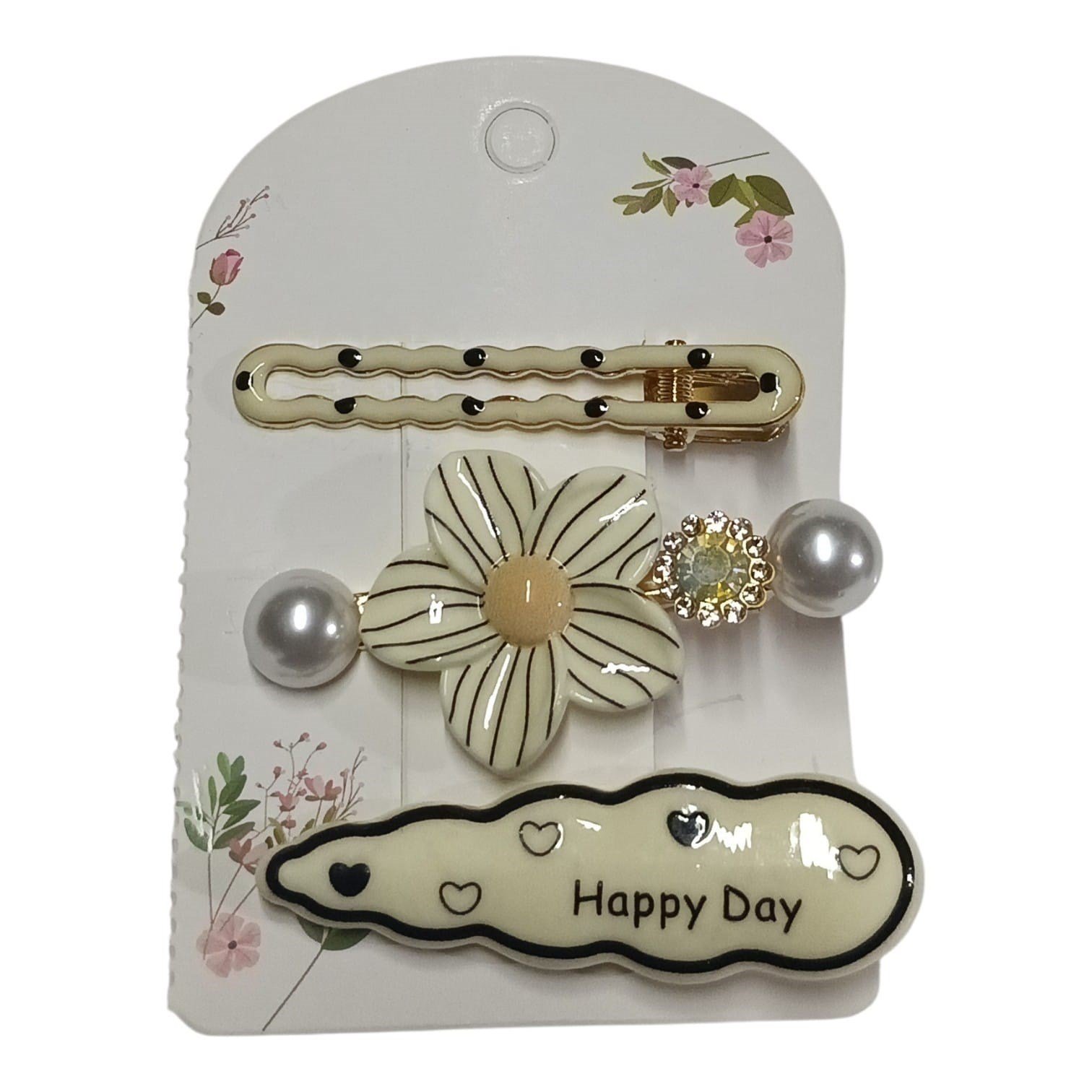 3'lü Krem Renk Toka Seti - Papatya, Happy Day Yazılı ve Puantiyeli Toka