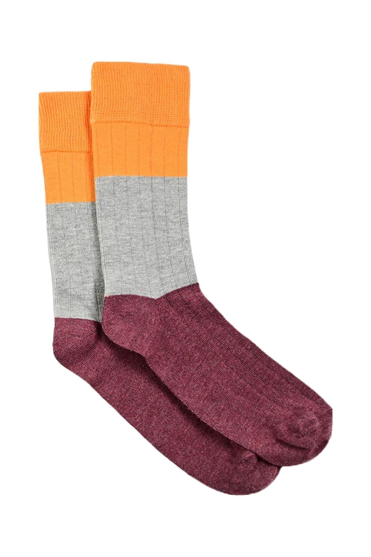 Erkek Bordo-Turuncu Blok Desenli Soket Çorap