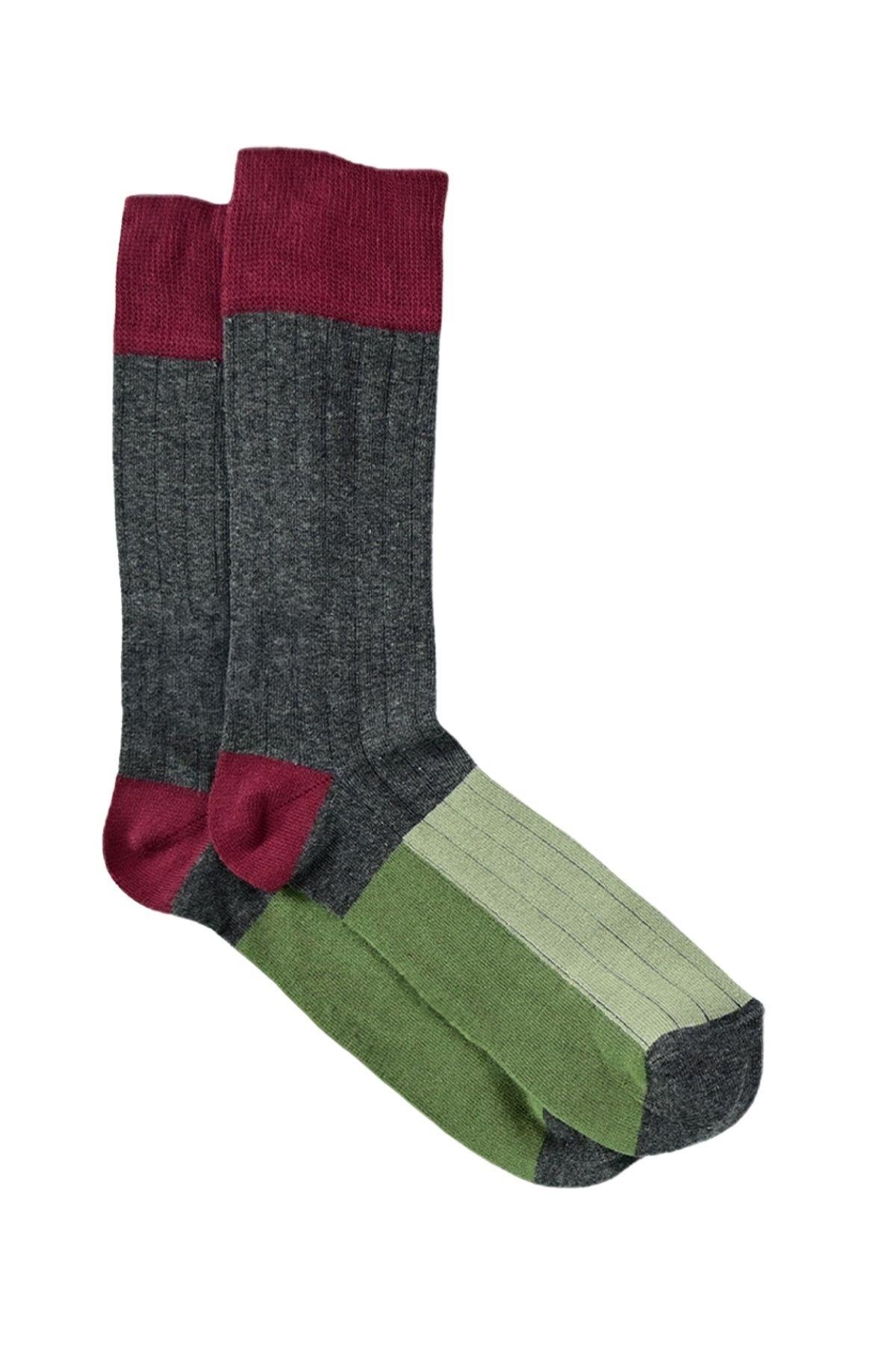 Erkek Füme-Bordo Blok Desenli Soket Çorap