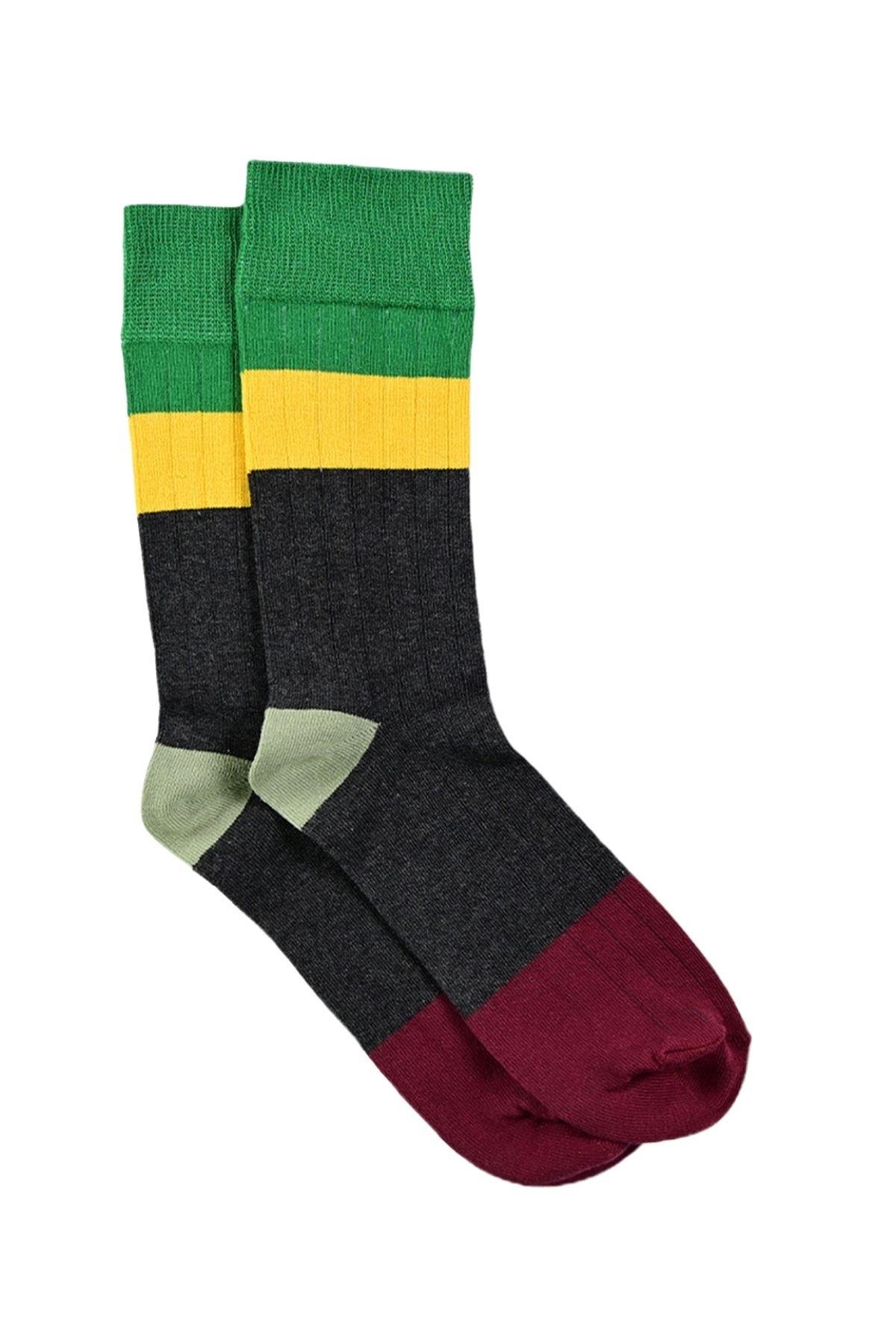 Erkek Füme-Sarı Blok Desenli Soket Çorap