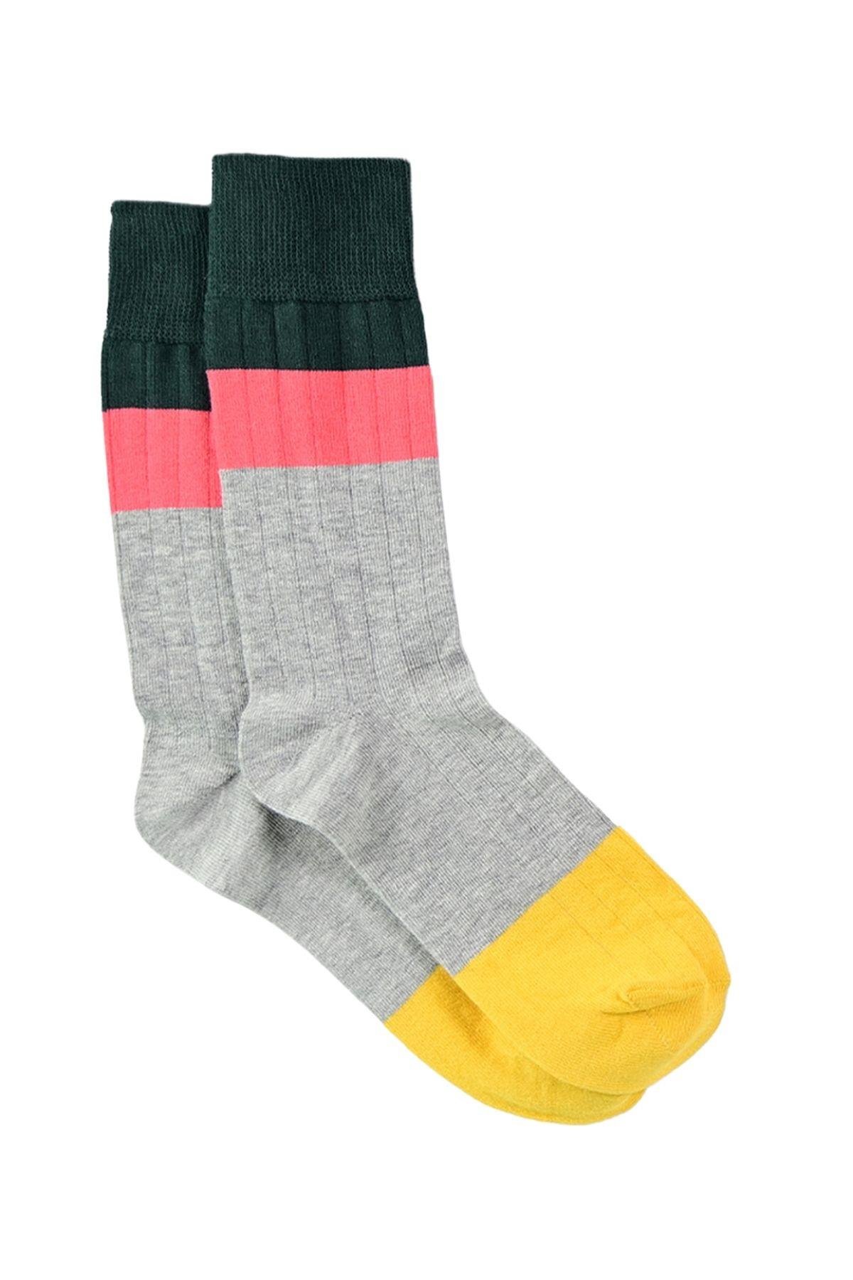 Erkek Gri-Sarı Blok Desenli Soket Çorap