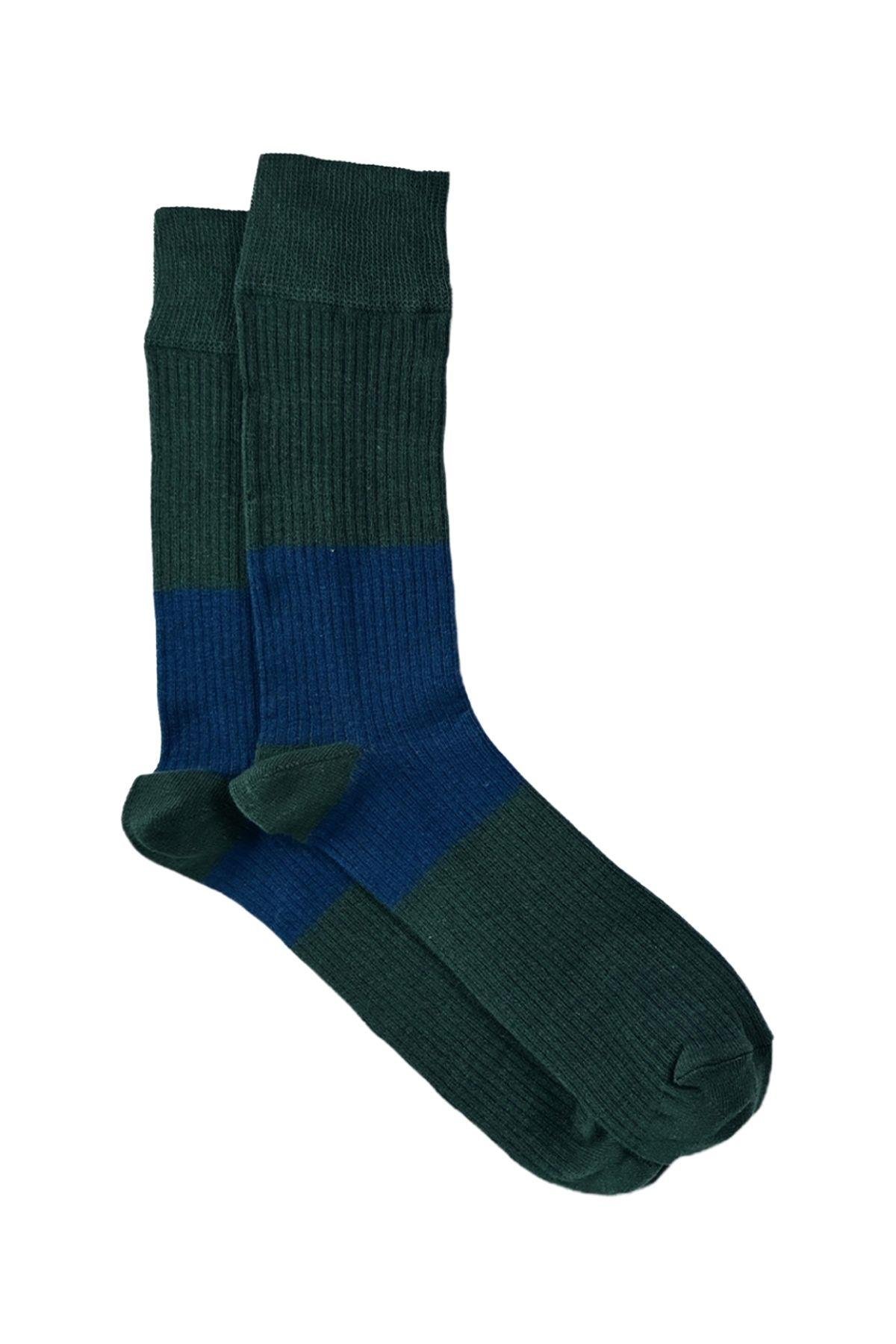 Erkek  Haki-Mavi Blok Desenli Soket Çorap
