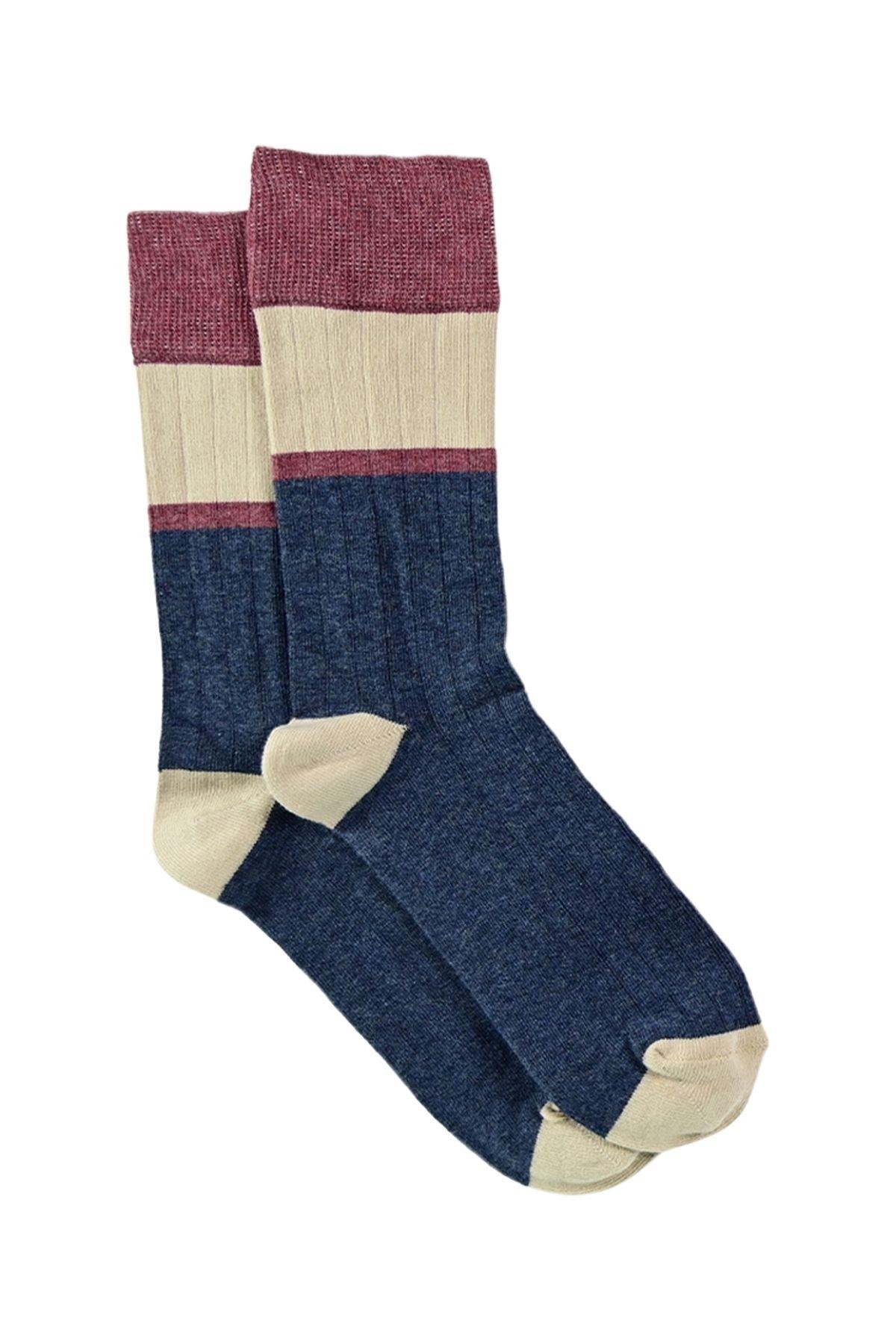Erkek Lacivert-Bordo Blok Desenli Soket Çorap