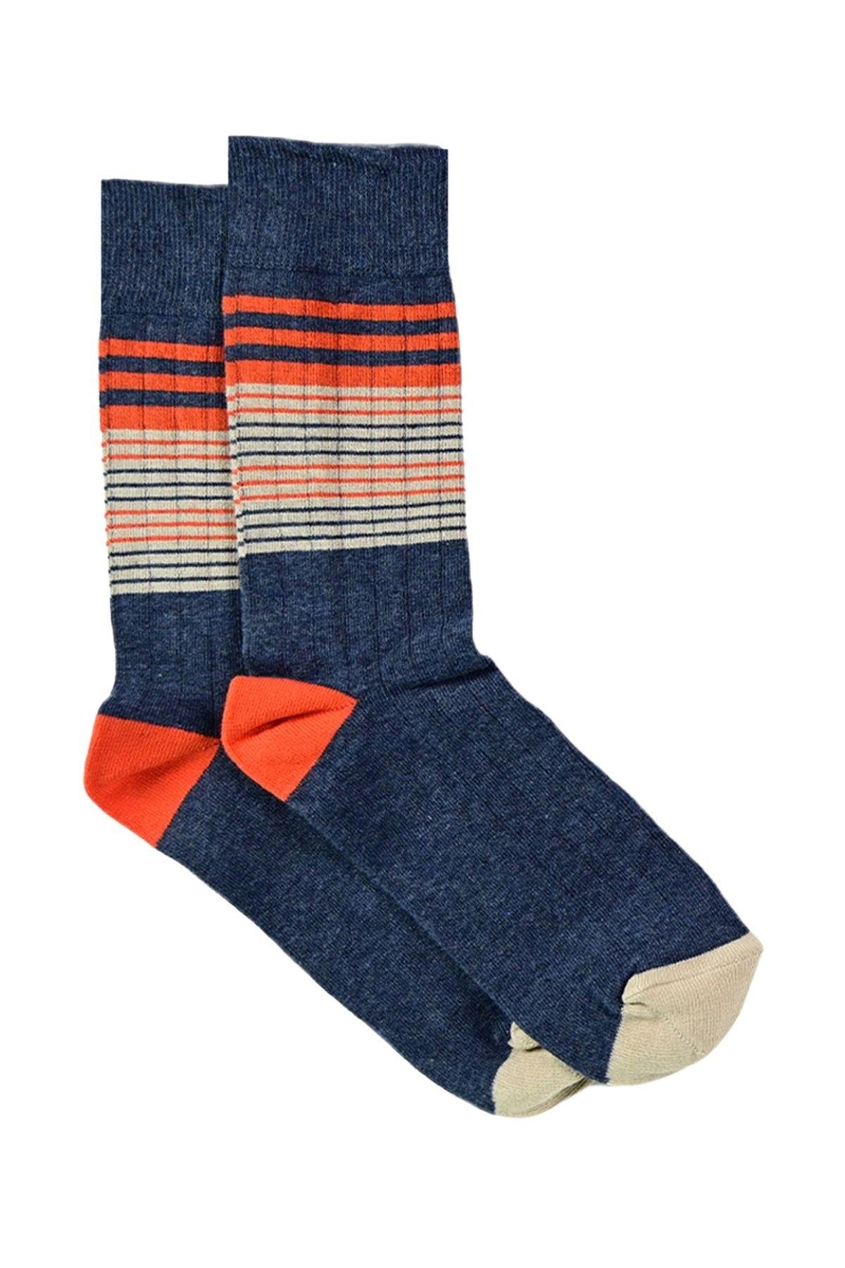 Erkek Lacivert-Mercan Çizgili Soket Çorap