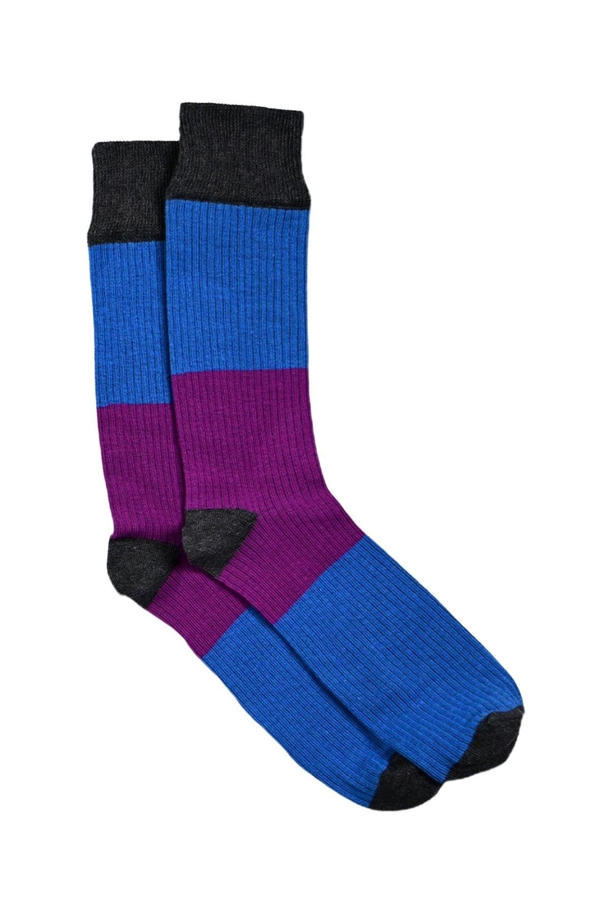 Erkek  Mavi-Mor Blok Desenli Soket Çorap