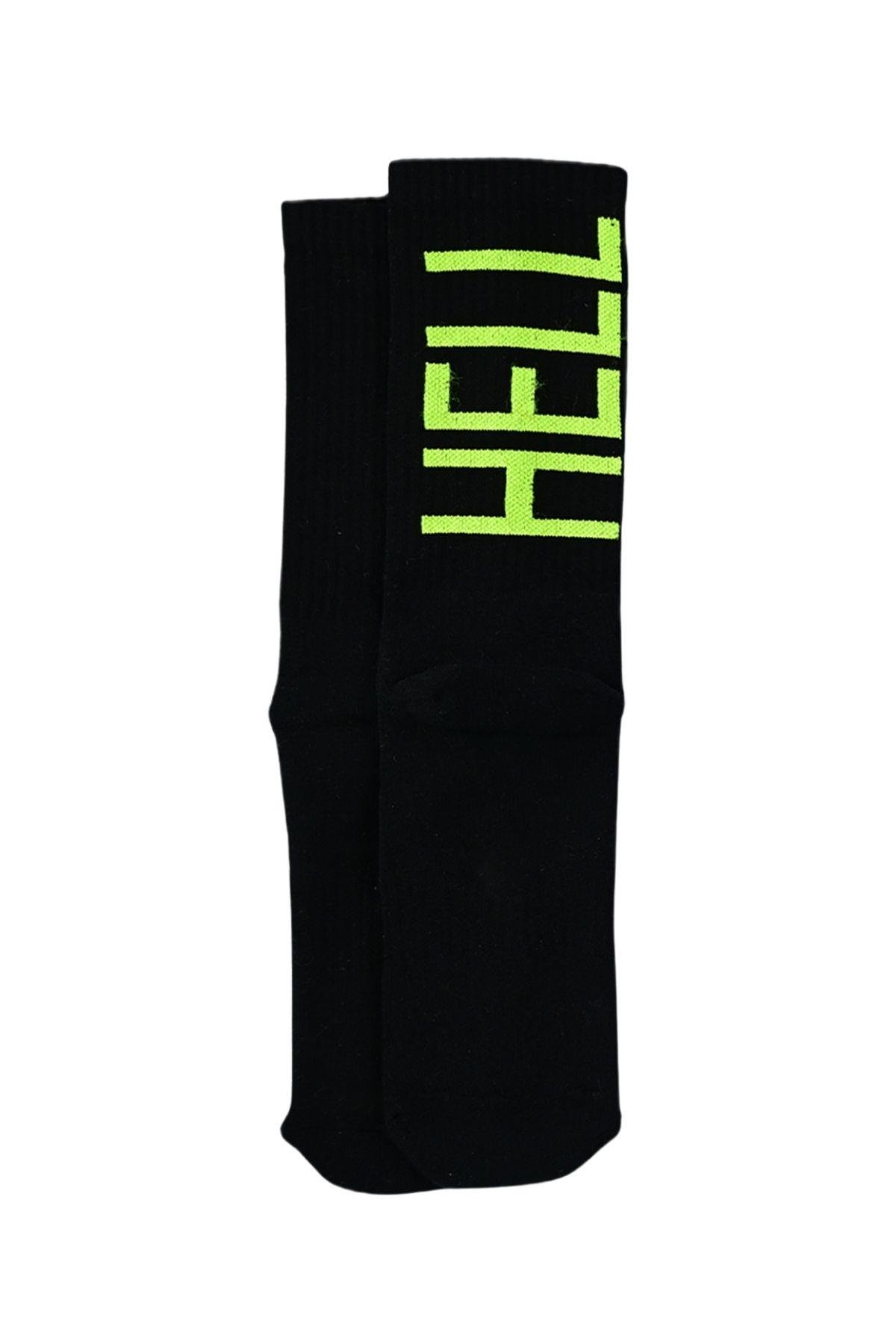 Erkek Siyah-Neon Sarı Sloganlı Soket Çorap