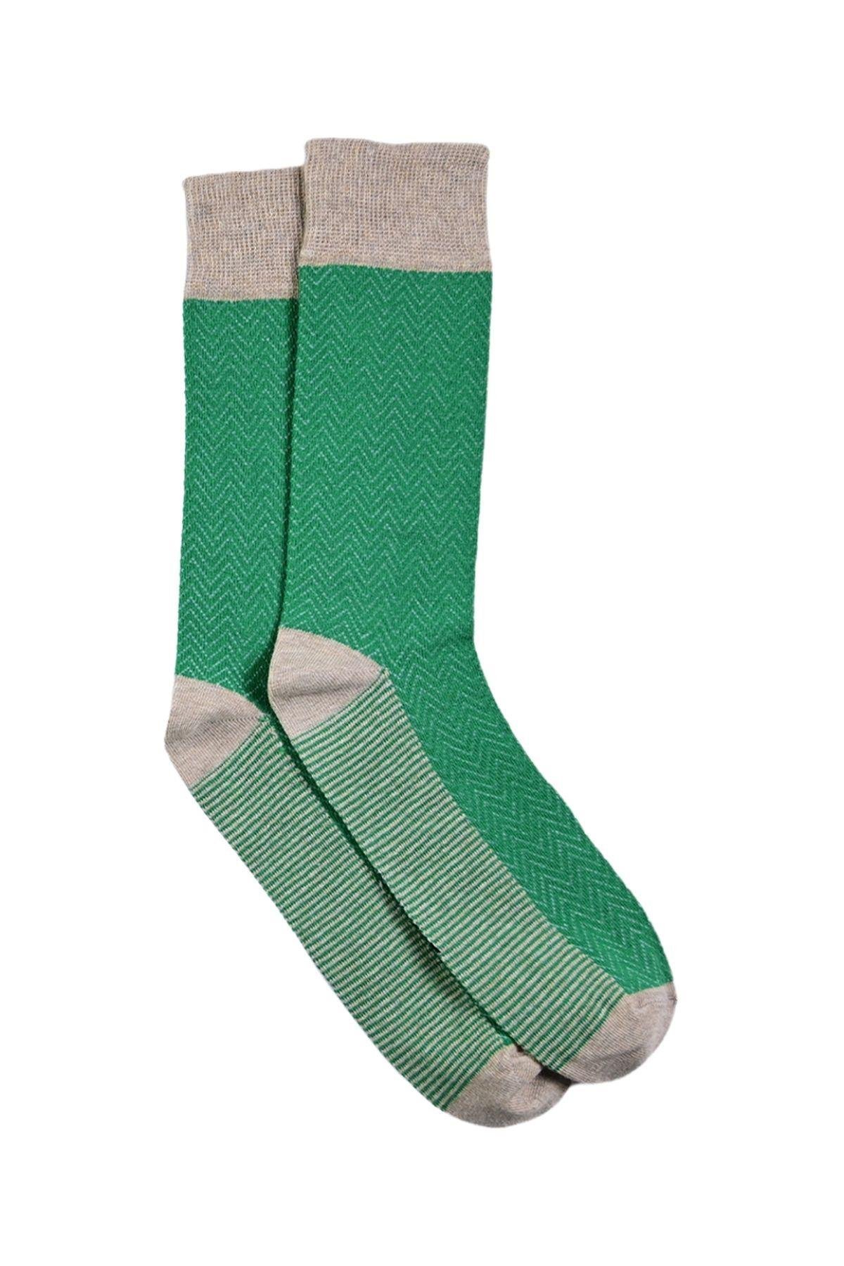 Erkek Yeşil-Bej Blok Desenli Soket Çorap