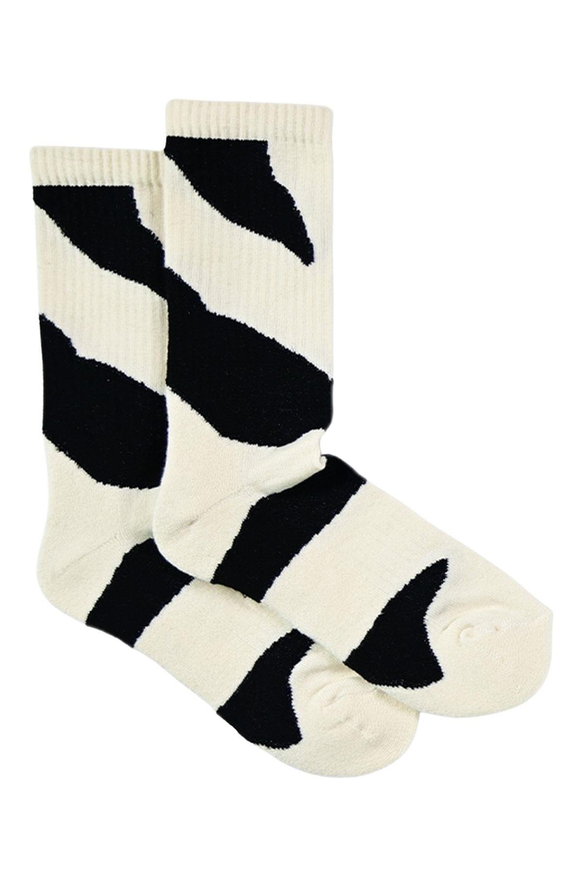 Kadın Bej-Siyah Desenli Yarım Havlu Soket Çorap