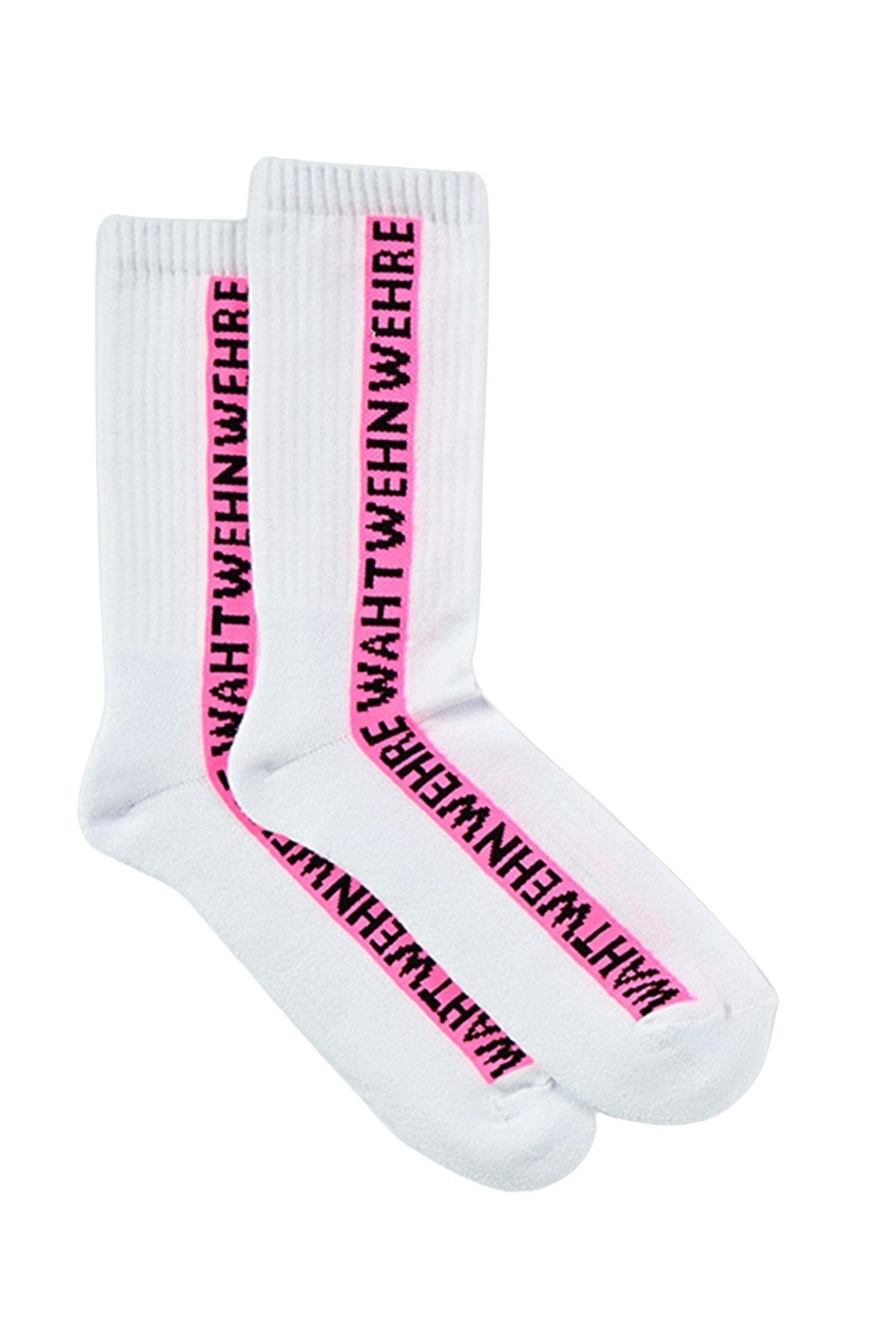 Kadın Beyaz-Pembe Sloganlı Soket Çorap