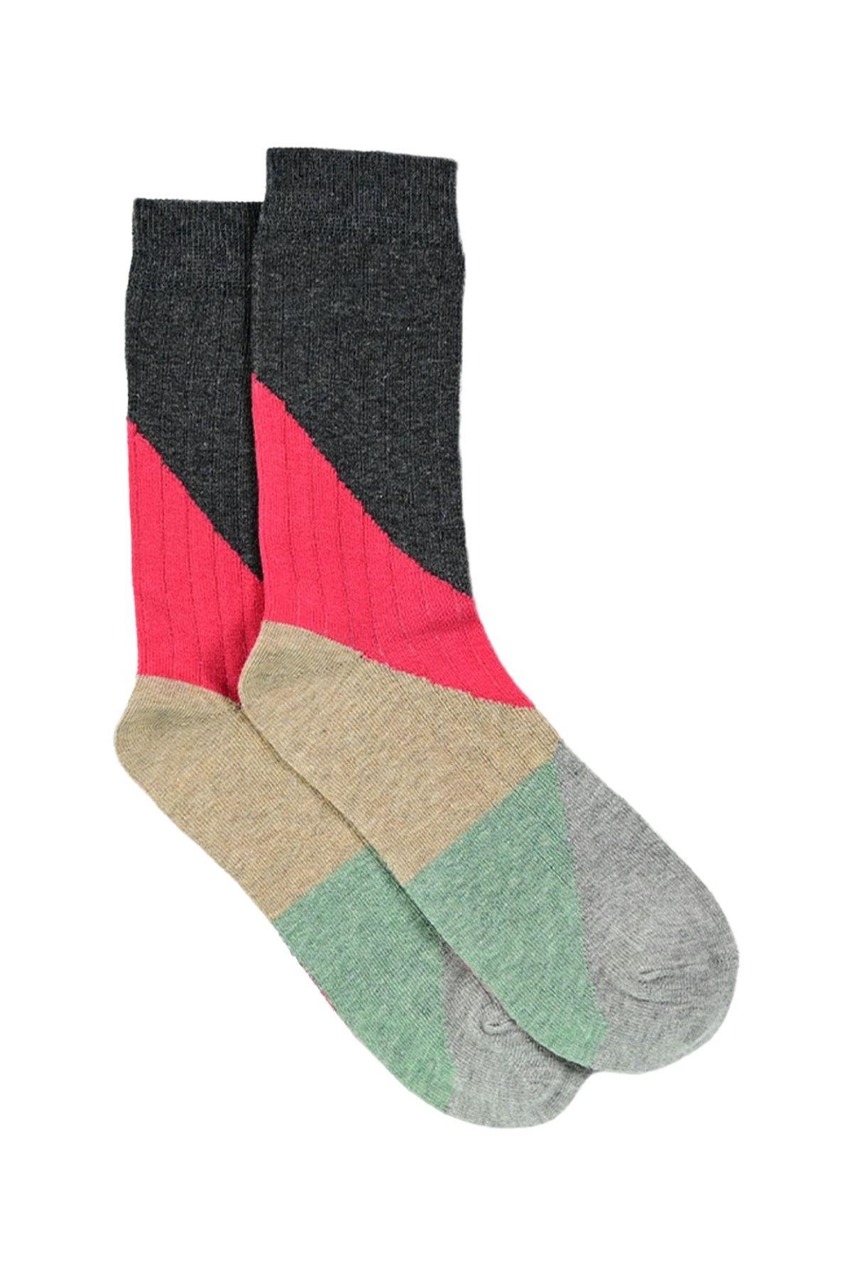 Kadın Füme-Pembe Blok Desenli Soket Çorap