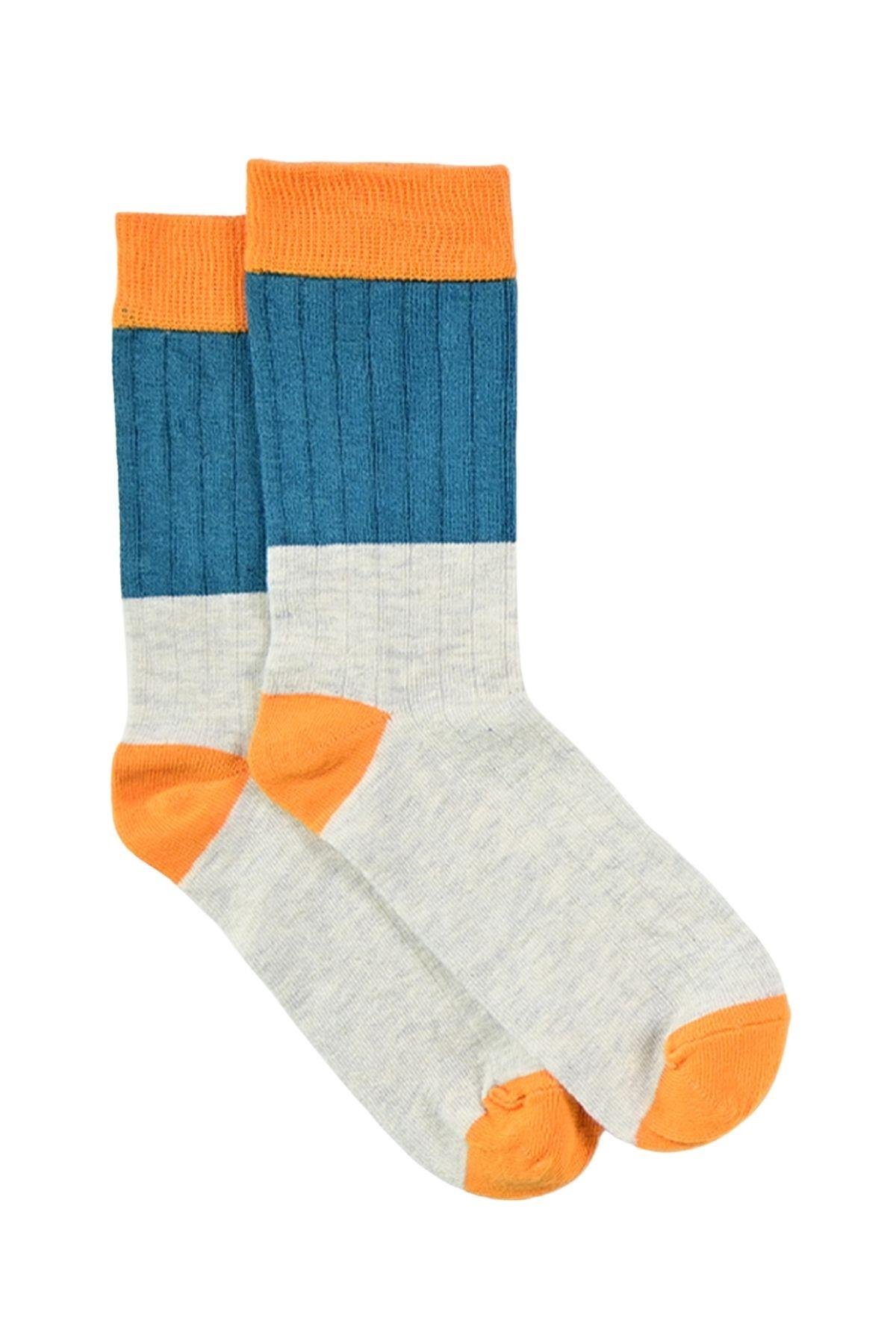 Kadın Gri-Mavi Blok Desenli Soket Çorap