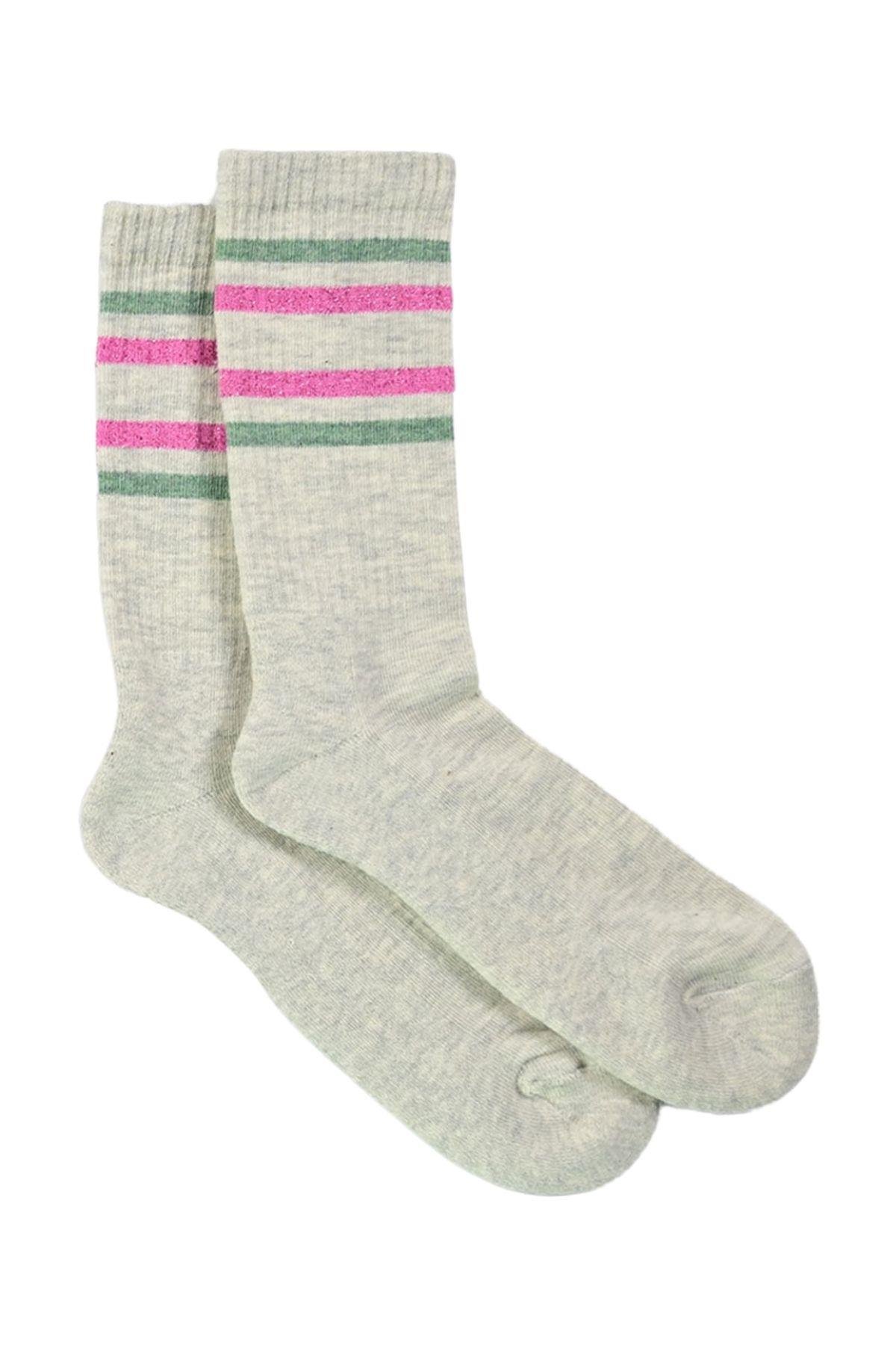 Kadın Gri-Pembe Çizgili Soket Çorap