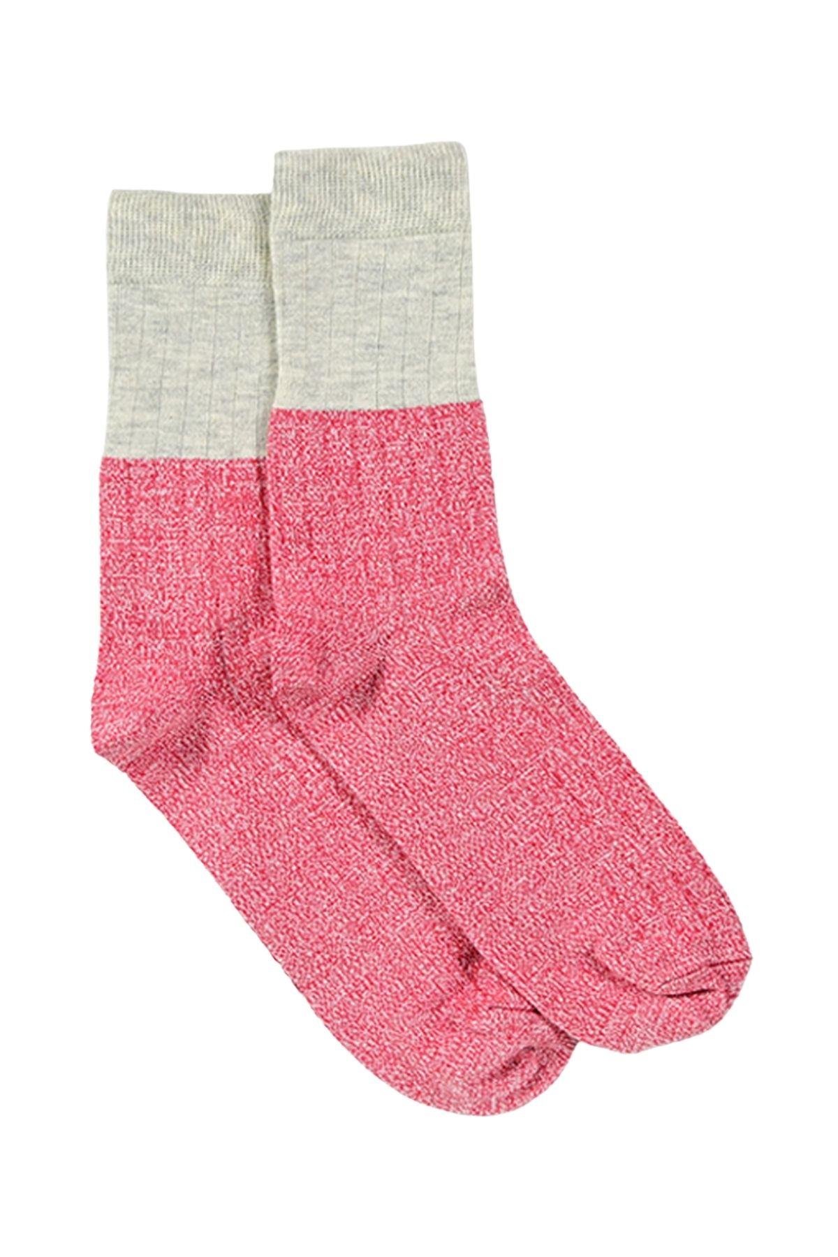 Kadın Kırmızı-Gri Blok Desenli Soket Çorap