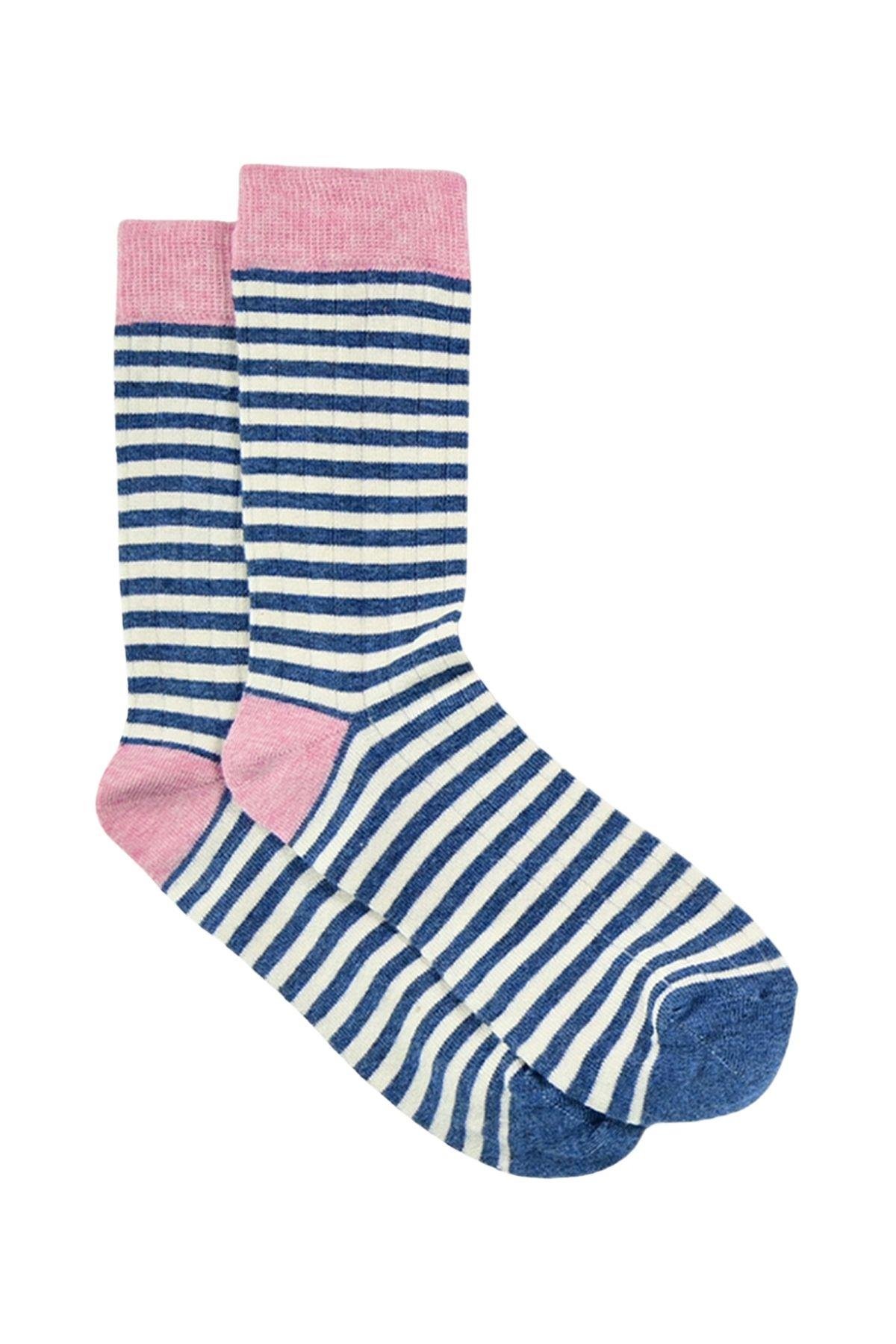 Kadın Krem-Mavi Çizgili Soket Çorap