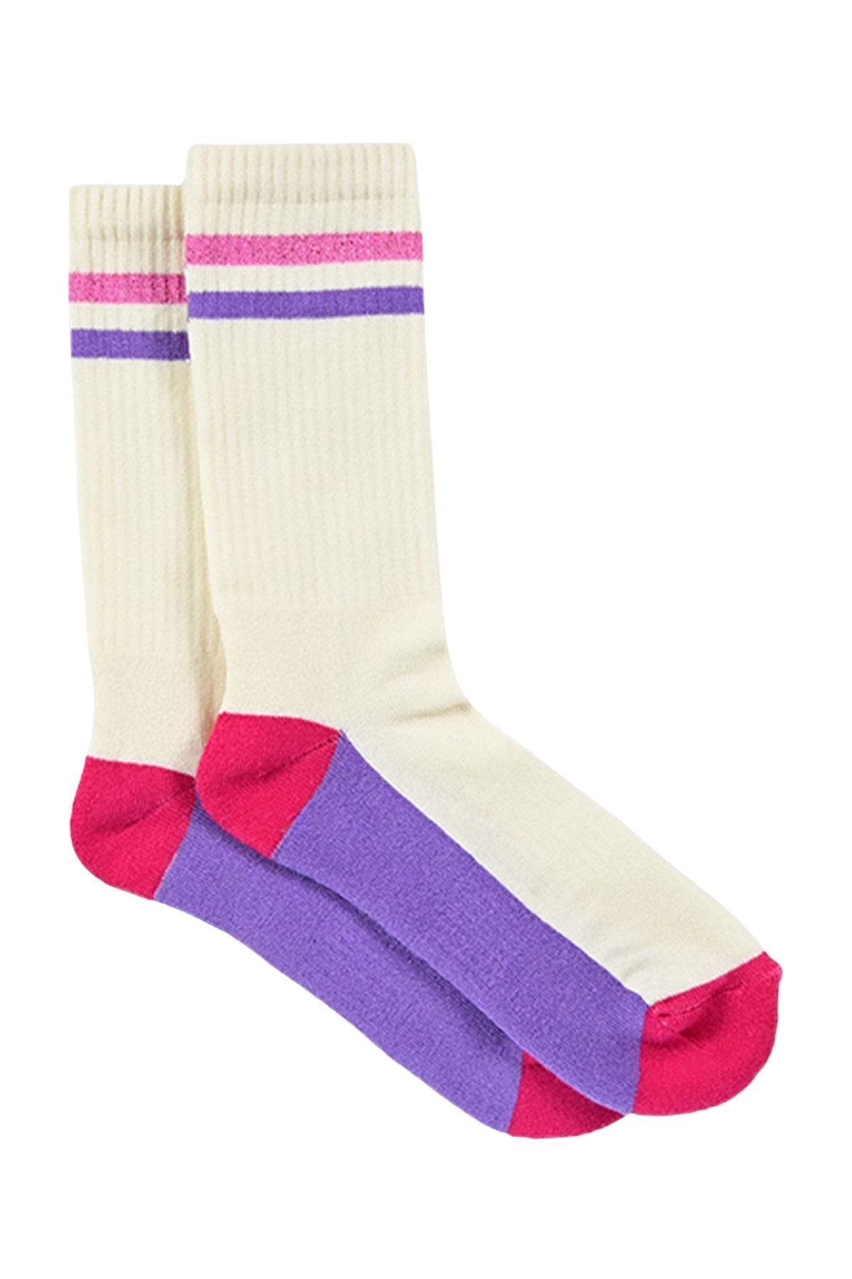 Kadın Krem-Pembe Çizgili Soket Çorap
