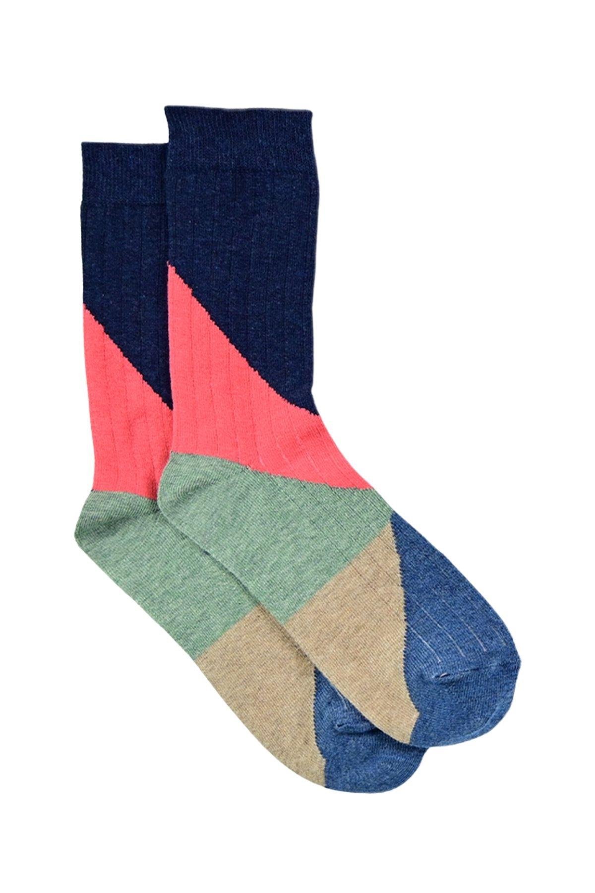 Kadın Lacivert-Pembe Blok Desenli Soket Çorap