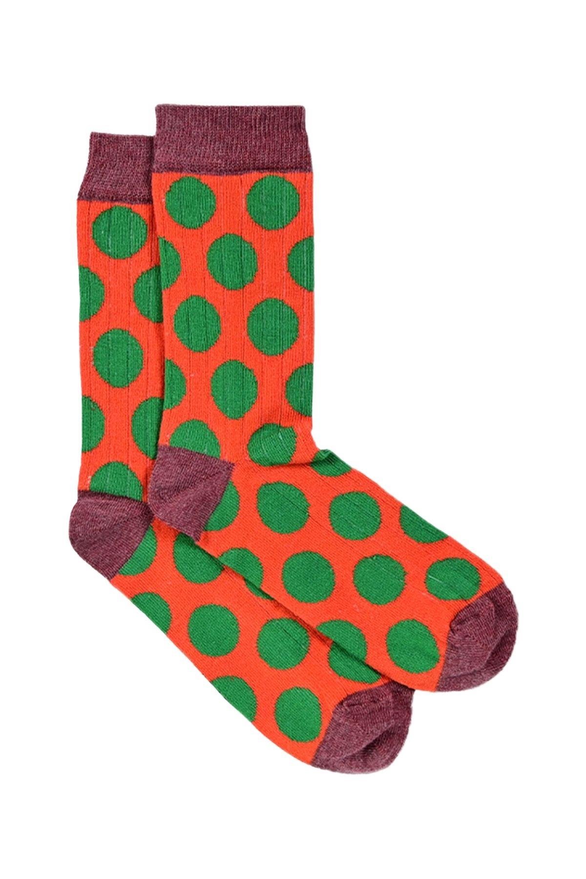 Kadın Mercan-Yeşil Puantiyeli Soket Çorap
