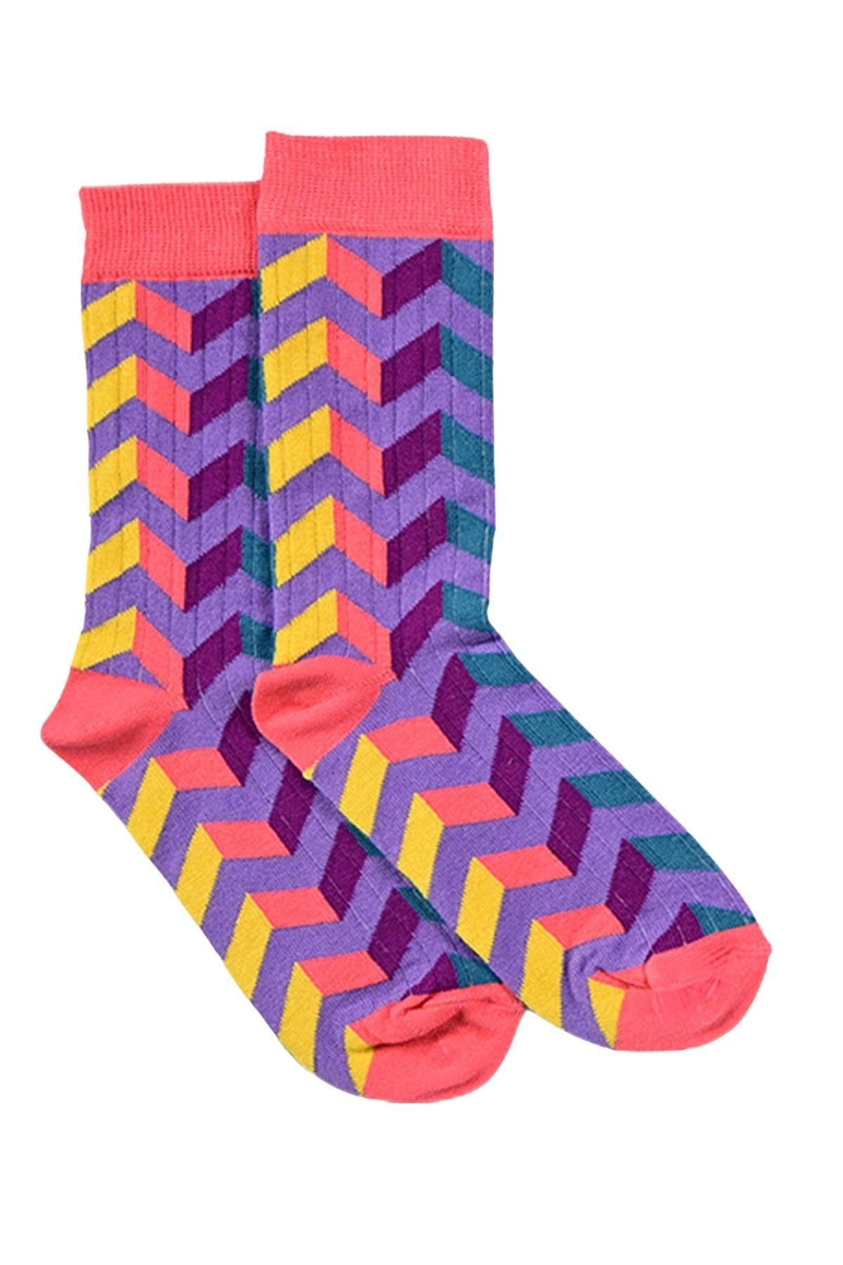 Kadın Mor-Pembe Zikzak Desenli Soket Çorap