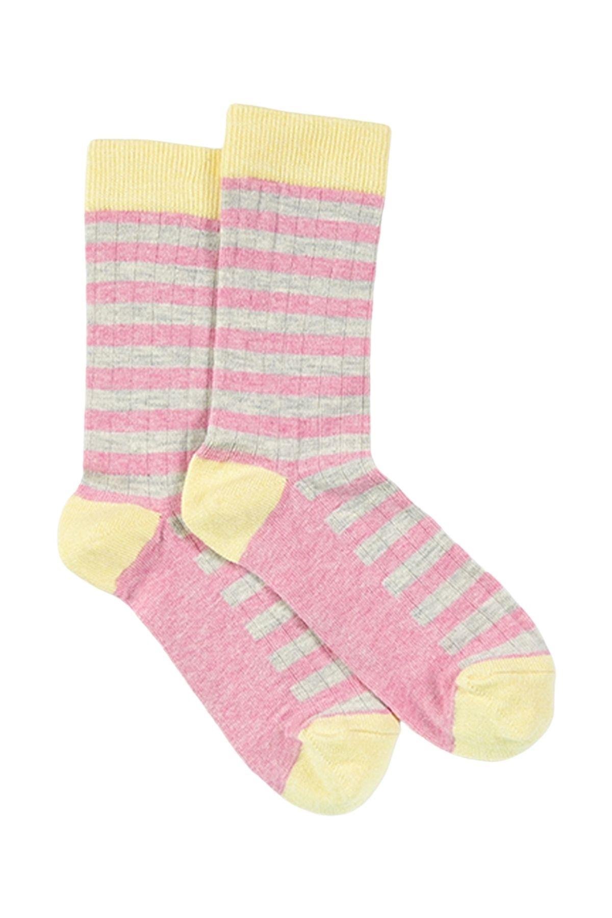 Kadın Pembe-Gri Çizgili Soket Çorap