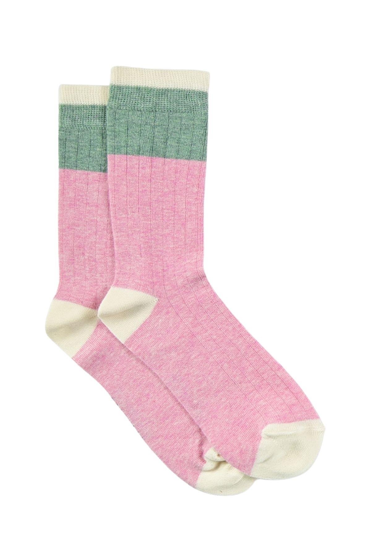 Kadın Pembe-Yeşil Blok Desenli Soket Çorap