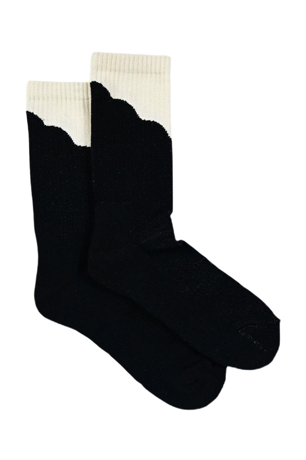 Kadın Siyah-Bej Desenli Yarım Havlu Soket Çorap