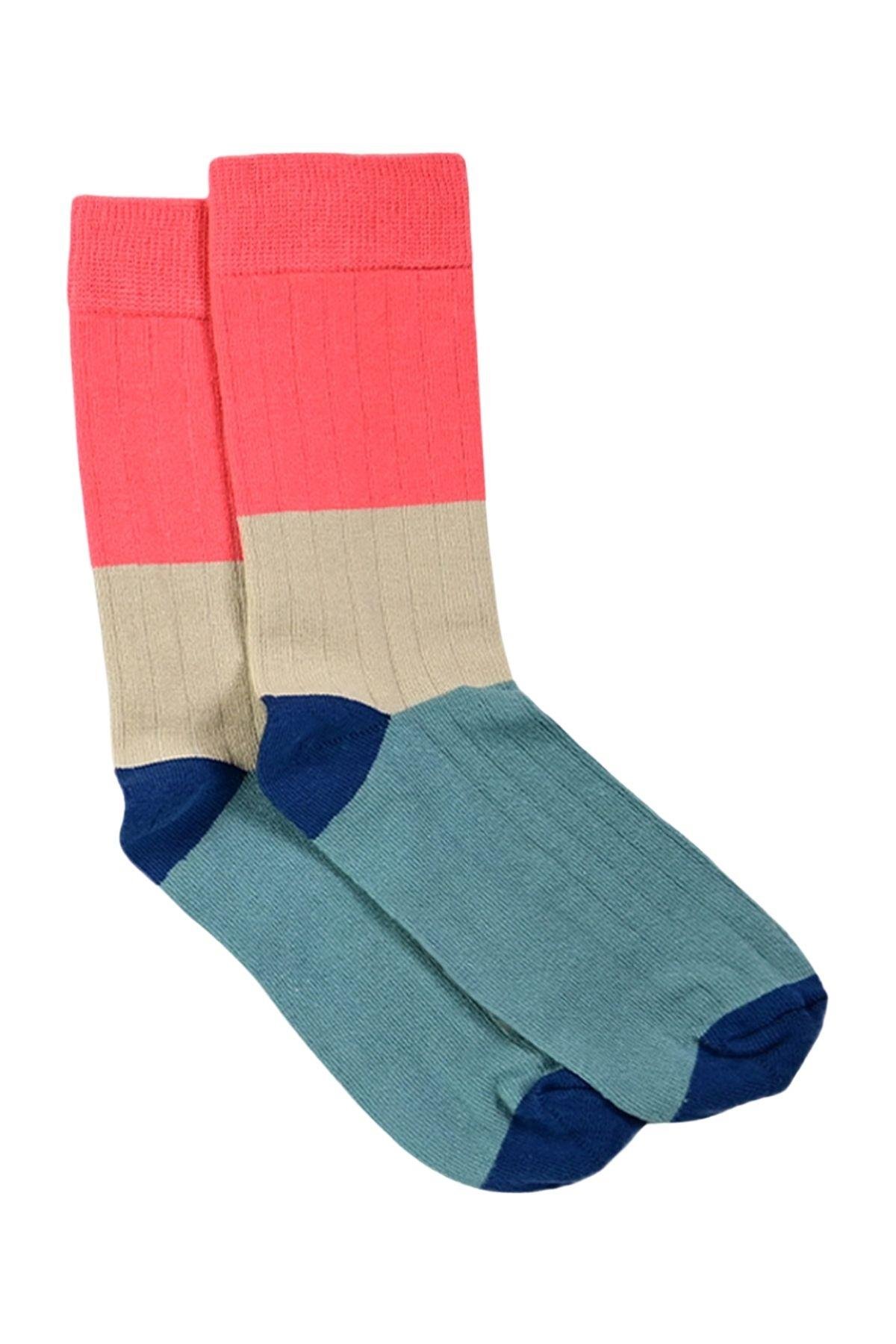 Kadın Yeşil-Krem Blok Desenli Soket Çorap