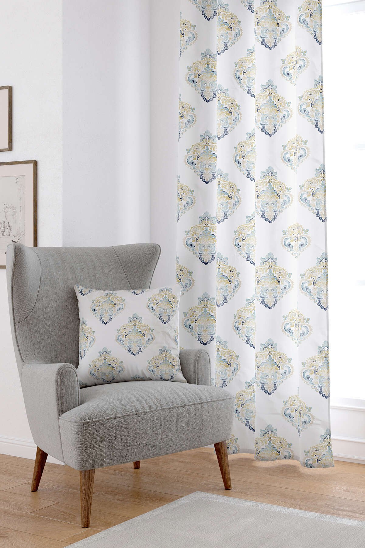 Beyaz Damask Dijital Baskılı Perde CGH497-PR