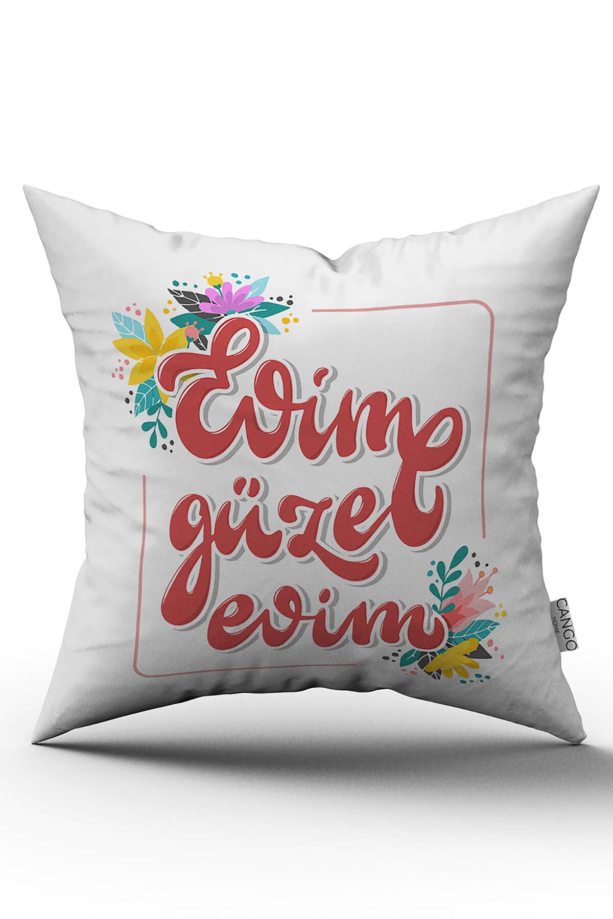 Beyaz Kırmızı Evim Güzel Evim Yazılı Dijital Baskı Kırlent Yastık Kılıfı - CGH458