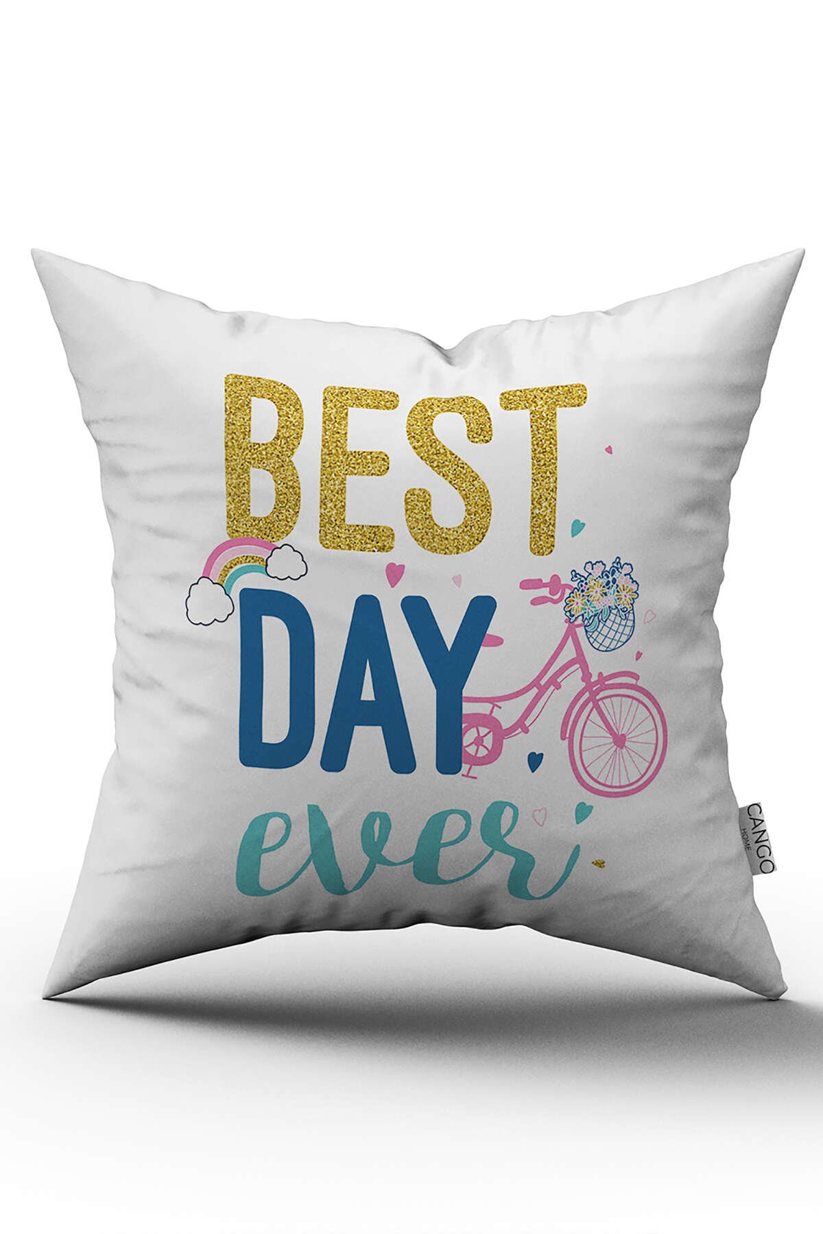 Beyaz Mavi Best Day Ever Dijital Baskı Kırlent Yastık Kılıfı - CGH456
