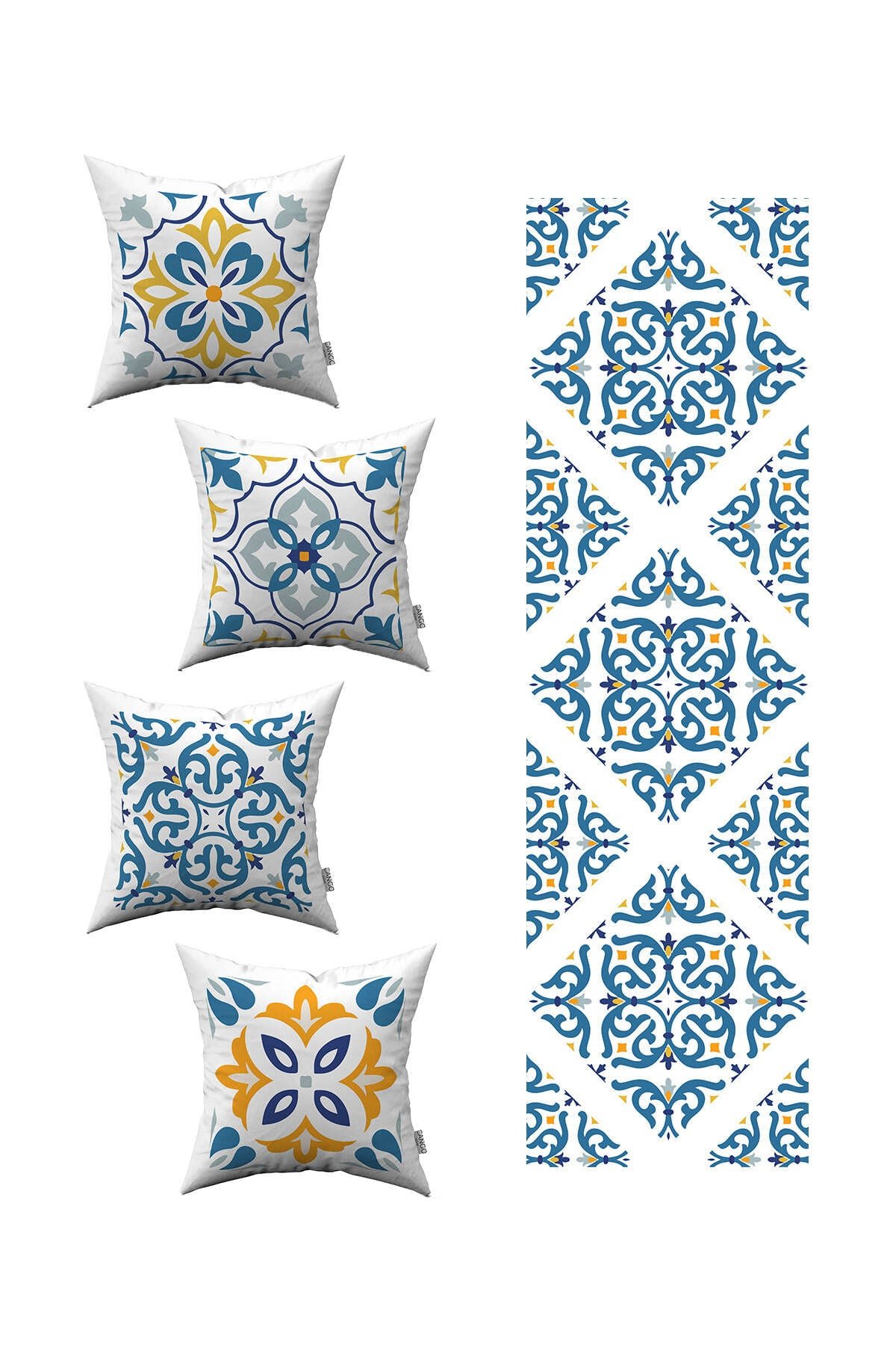 Beyaz Mavi Modern Etnik Karo Desenli 4'lü Kırlent Kılıfı 1 Runner Seti 4kmbs100-RS-02