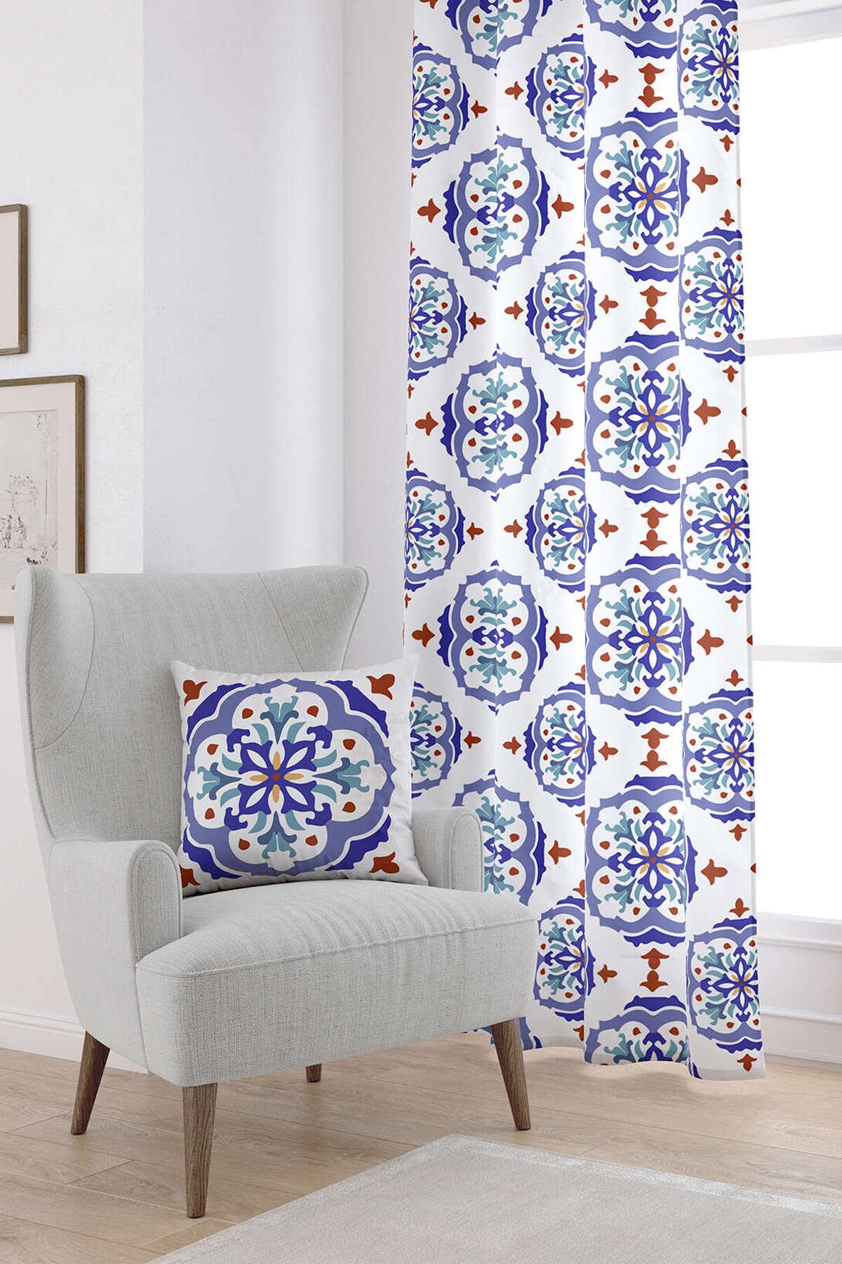 Beyaz Mavi Modern Etnik Karo Desenli Dijital Baskılı Perde CGH574-PR