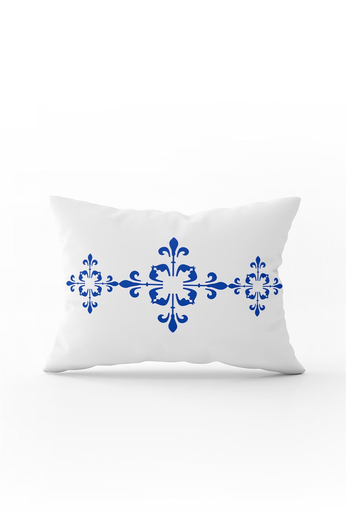 Beyaz Mavi Modern Etnik Karo Desenli Dijital Baskılı Kırlent Kılıfı-CGH567-3550 Çift Tarafı Baskılı
