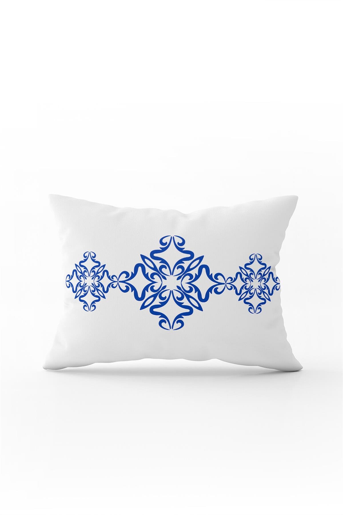 Beyaz Mavi Modern Etnik Karo Desenli Dijital Baskılı Kırlent Kılıfı-CGH566-3550 Çift Tarafı Baskılı