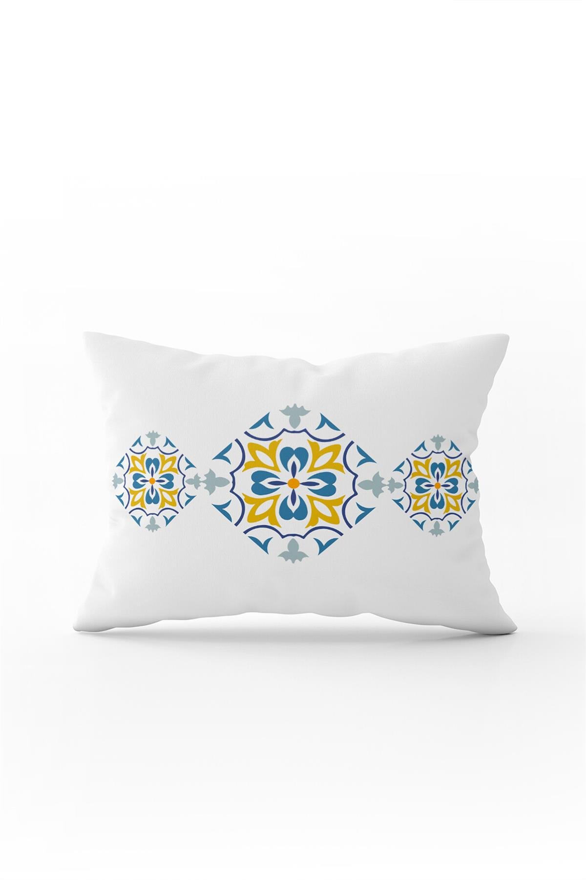 Beyaz Mavi Modern Etnik Karo Desenli Dijital Baskılı Kırlent Kılıfı-CGH565-3550 Çift Tarafı Baskılı
