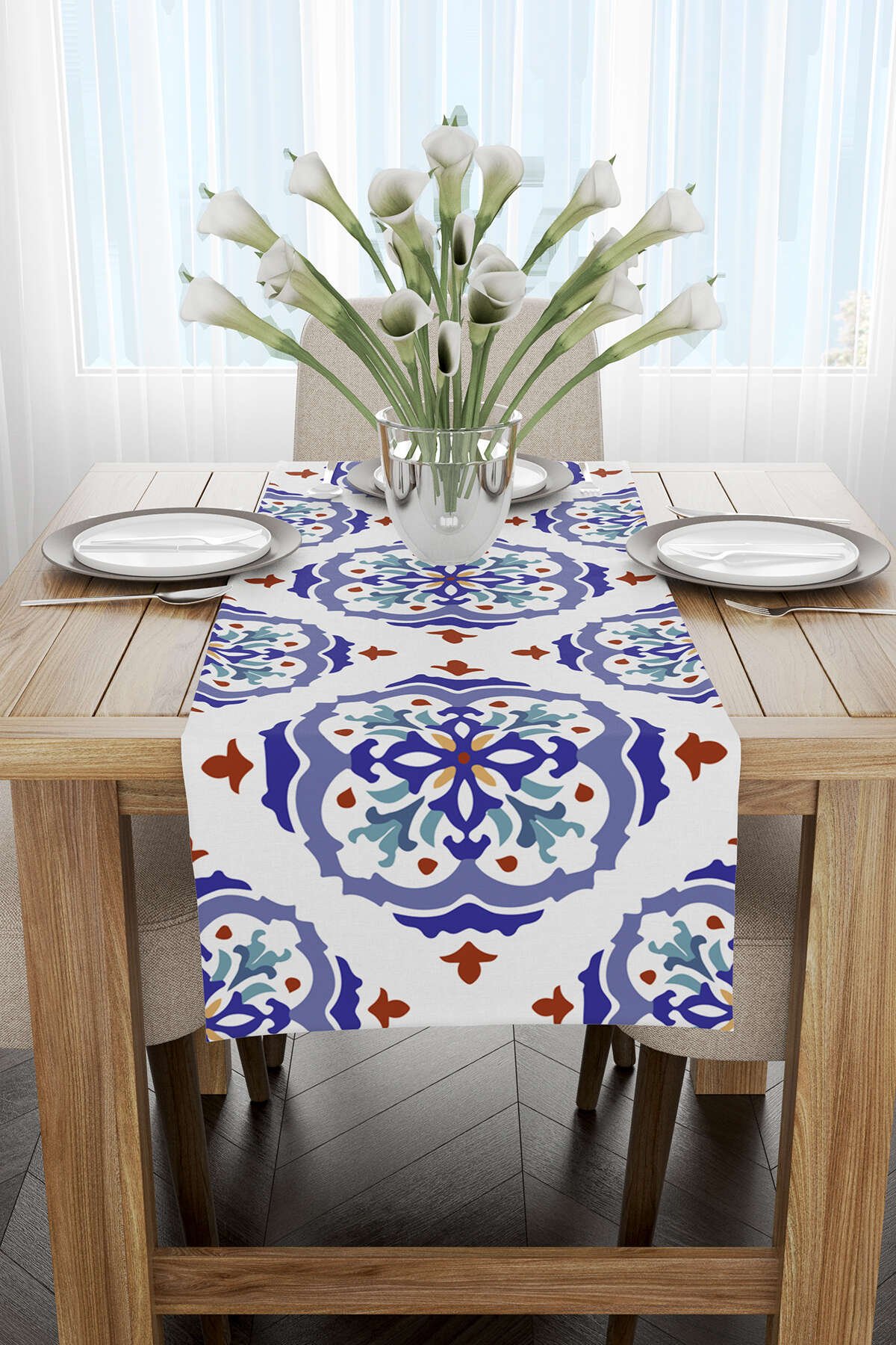 Beyaz Mavi Modern Etnik Karo Desenli Dijital Baskılı Runner CGH574-RN