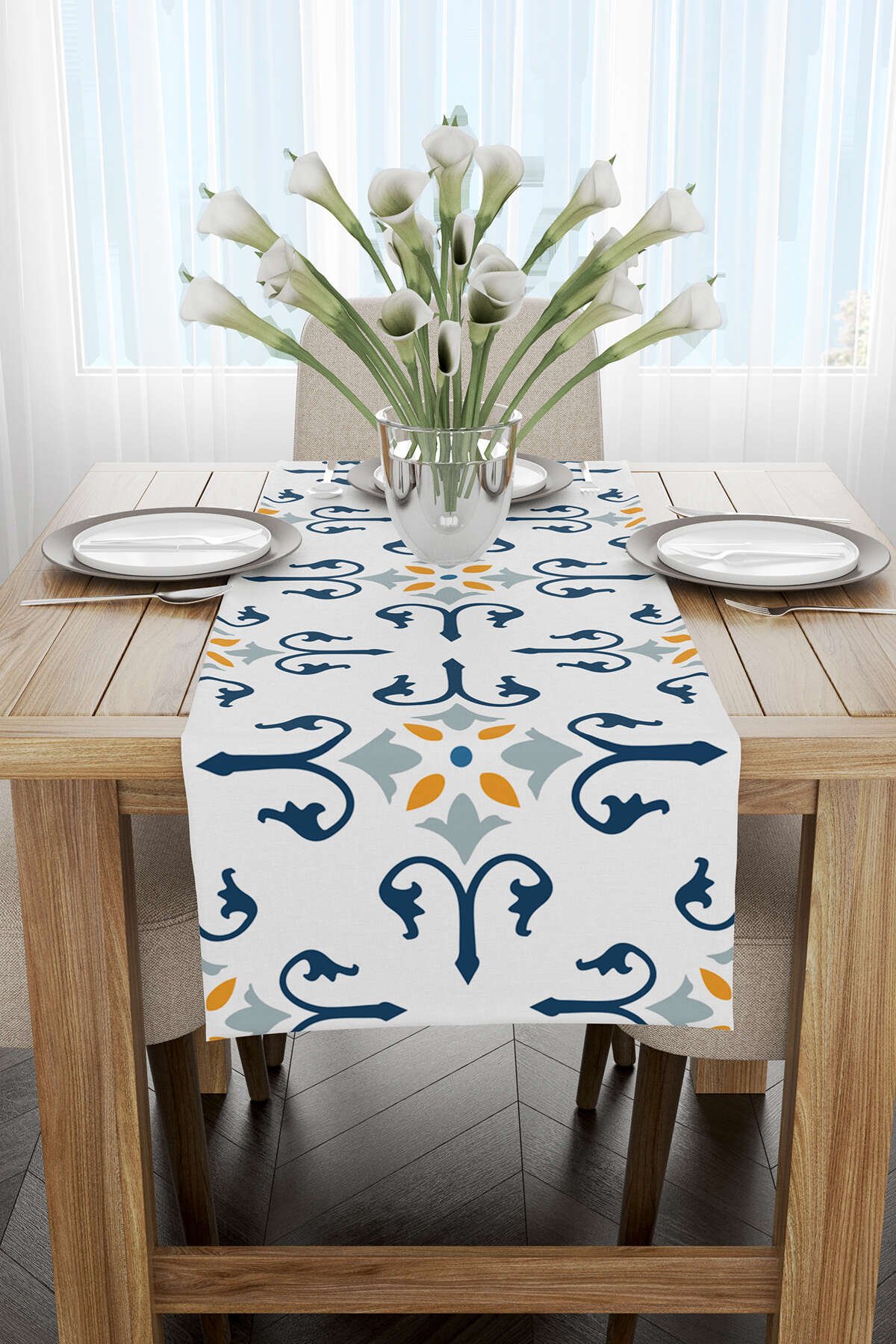 Beyaz Mavi Modern Etnik Karo Desenli Dijital Baskılı Runner CGH579-RN