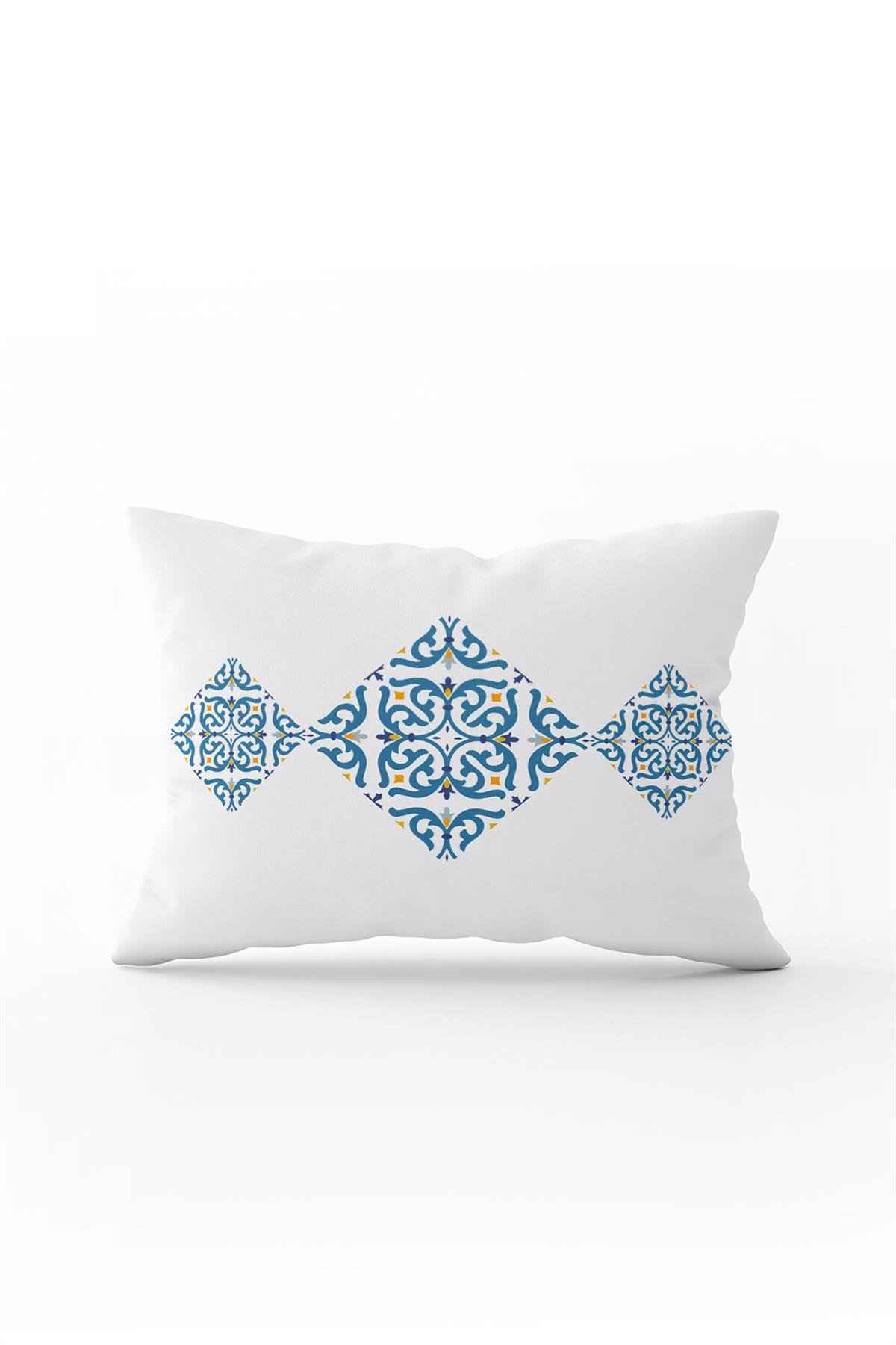 Beyaz Mavi Modern Etnik Karo Desenli Dijital Baskılı Kırlent Kılıfı CGH563-3550 Çift Tarafı Baskılı