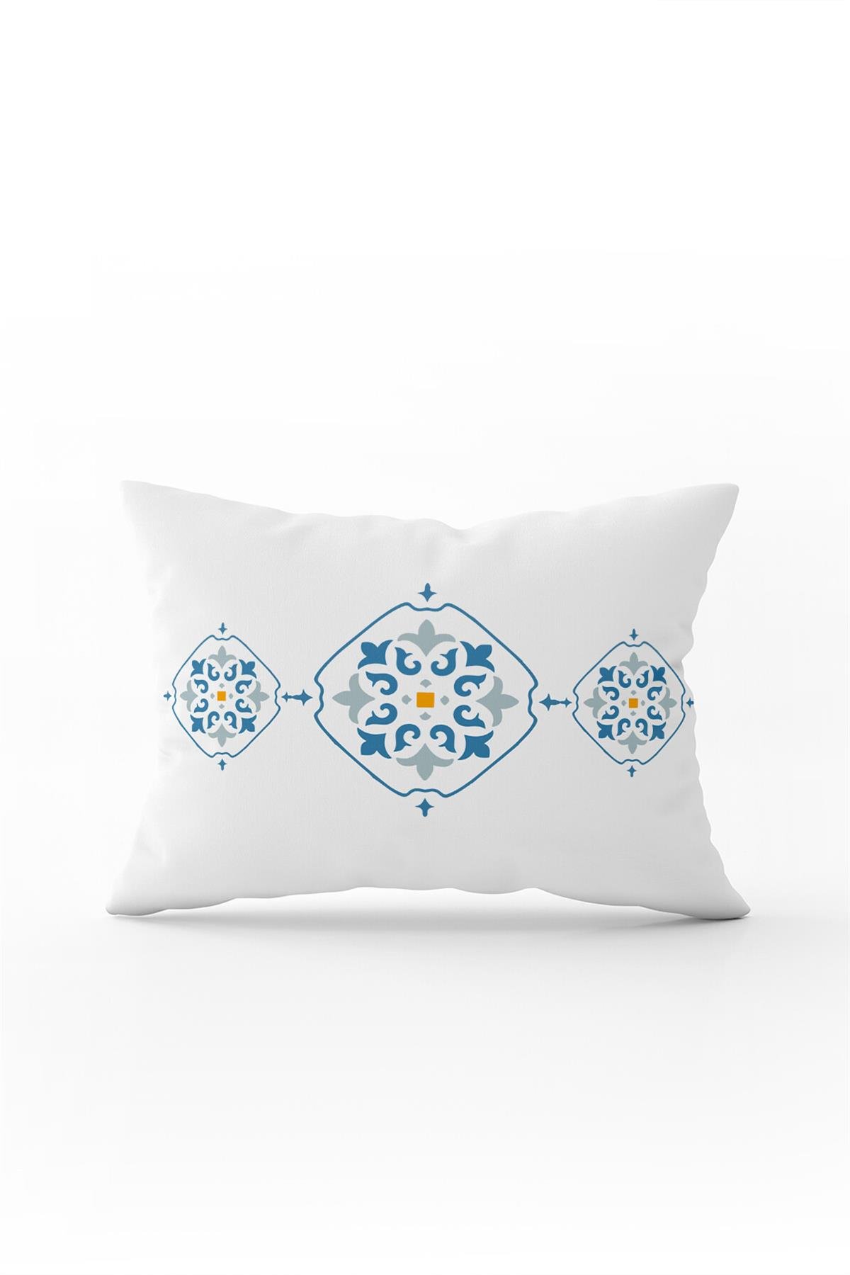 Beyaz Mavi Modern Etnik Karo Desenli Dijital Baskılı Kırlent Kılıfı-CGH575-3550 Çift Tarafı Baskılı