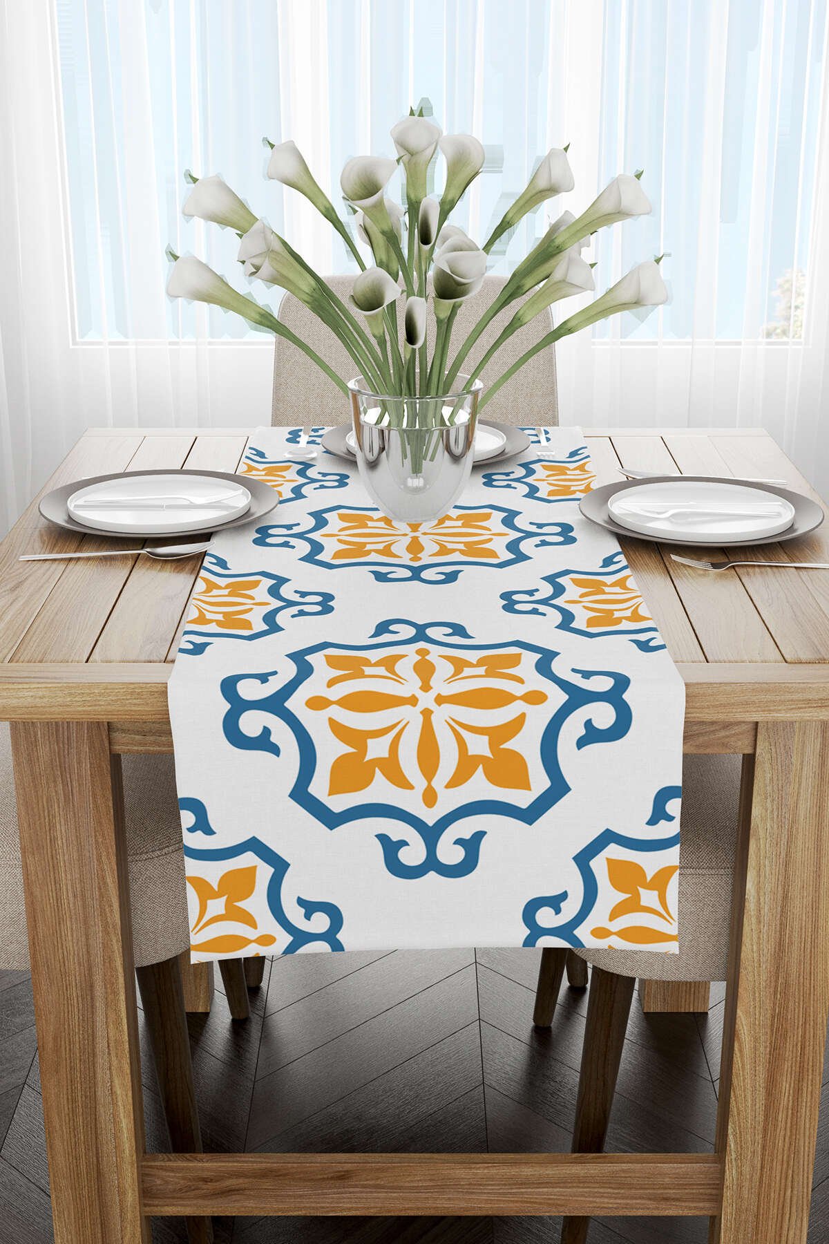 Beyaz Mavi Modern Etnik Karo Desenli Dijital Baskılı Runner CGH578-RN