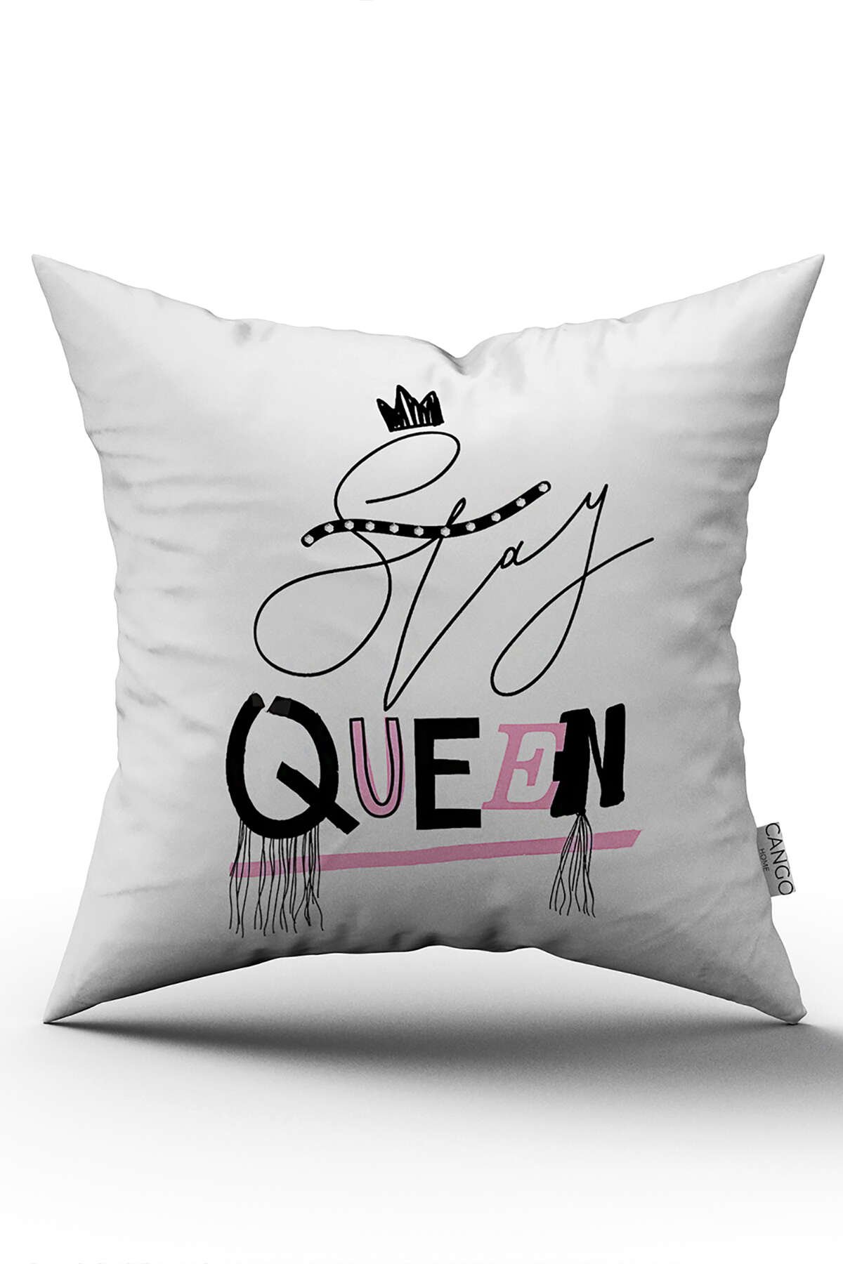 Beyaz Pembe Modern Stay Queen  Yazılı Dijital Baskı Kırlent Yastık Kılıfı - CGH437