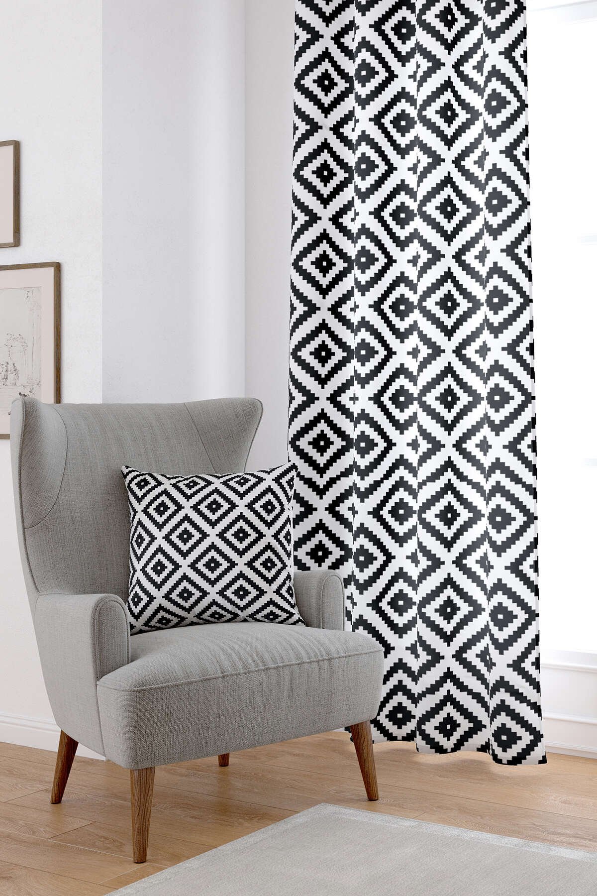 Beyaz Siyah Geometrik Modern Dijital Baskılı Perde OTYK556-PR
