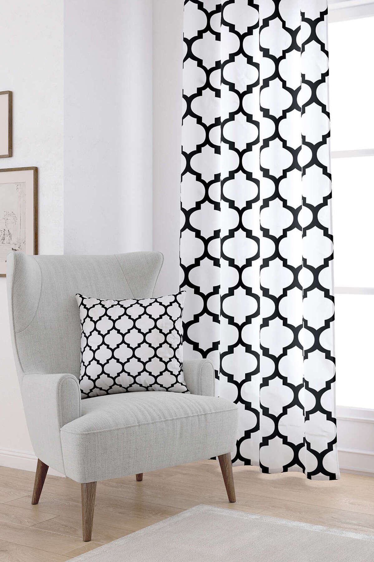 Beyaz Siyah Modern Geometrik Desenli Dijital Baskılı Perde OTYK551-PR