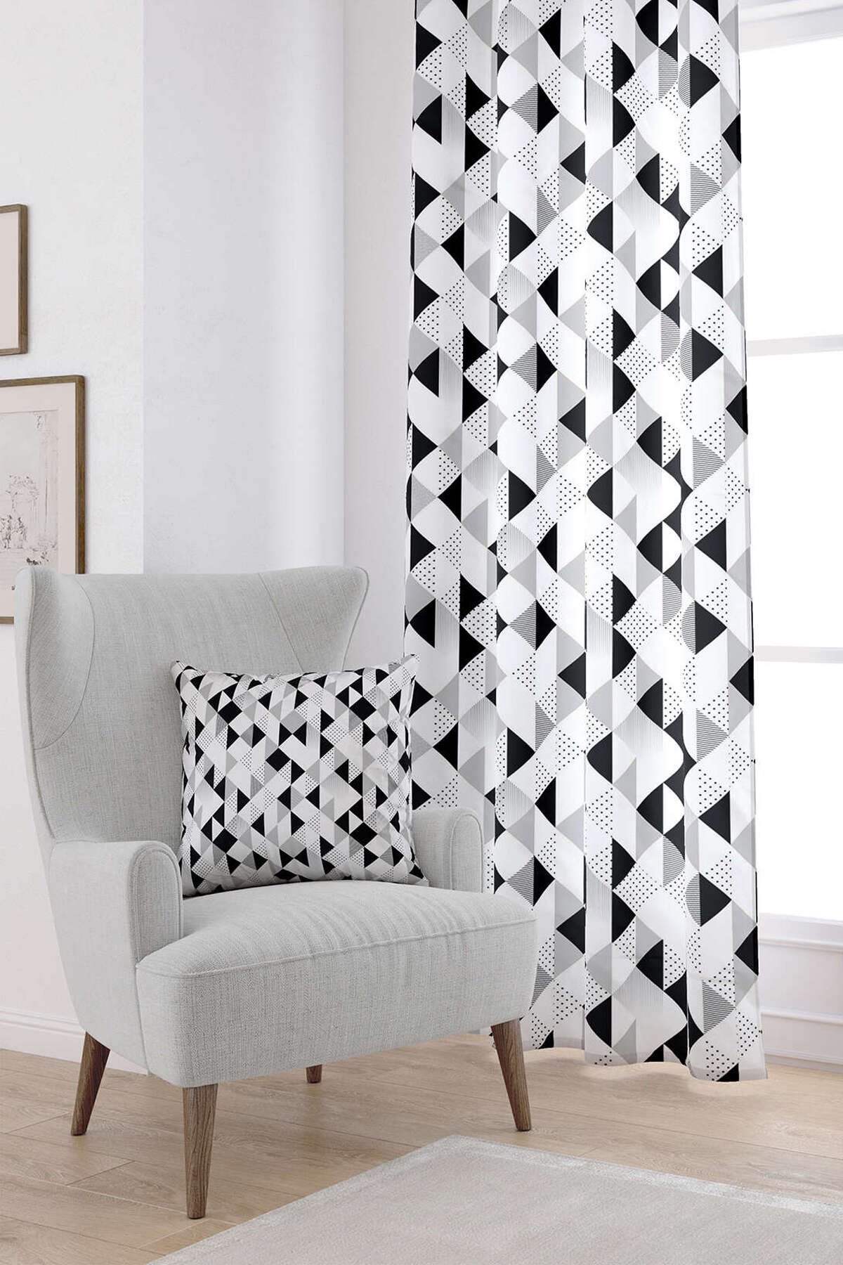 Beyaz Siyah Modern Geometrik Dijital Baskılı Perde CGH245-PR