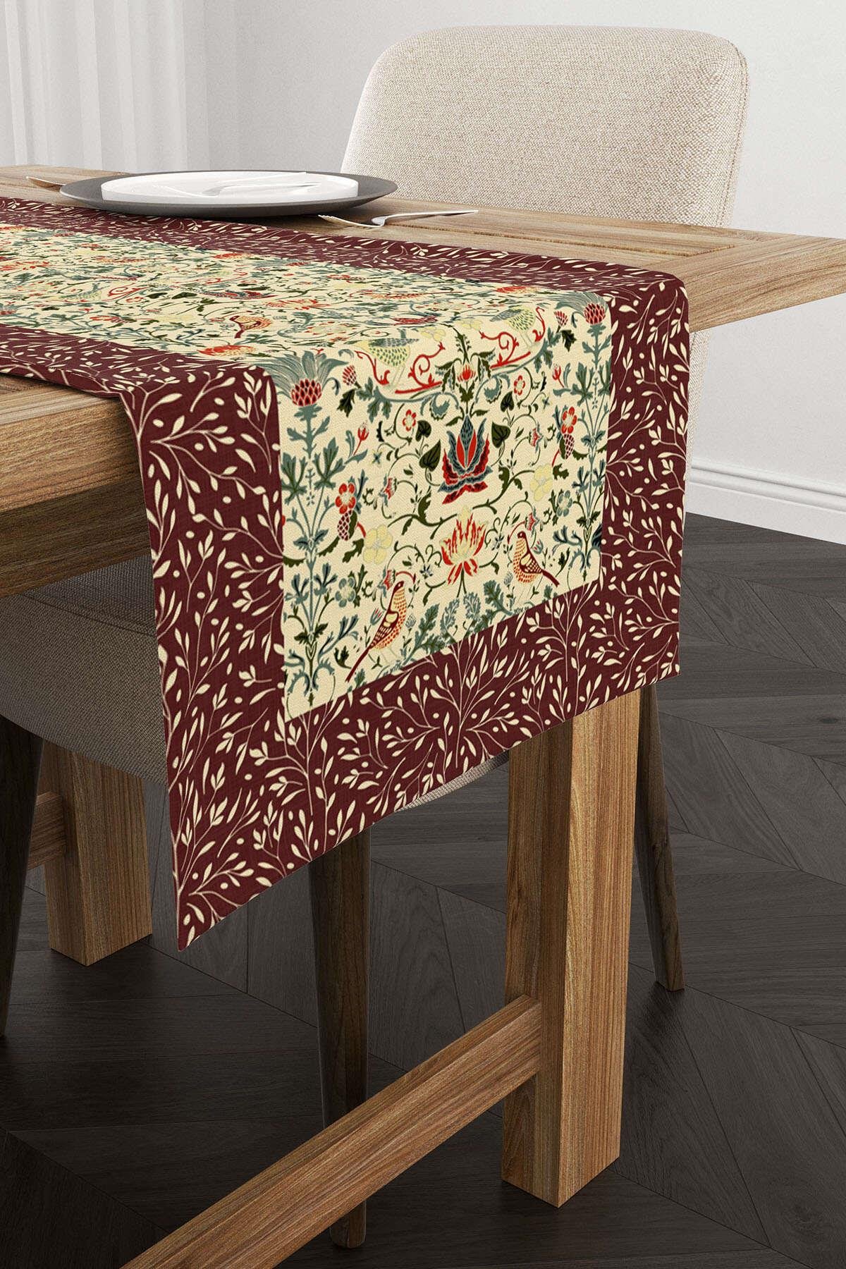 Bordo Motifli Çiçek Kuş Desenli Dijital Baskılı Runner CGH1369-RN