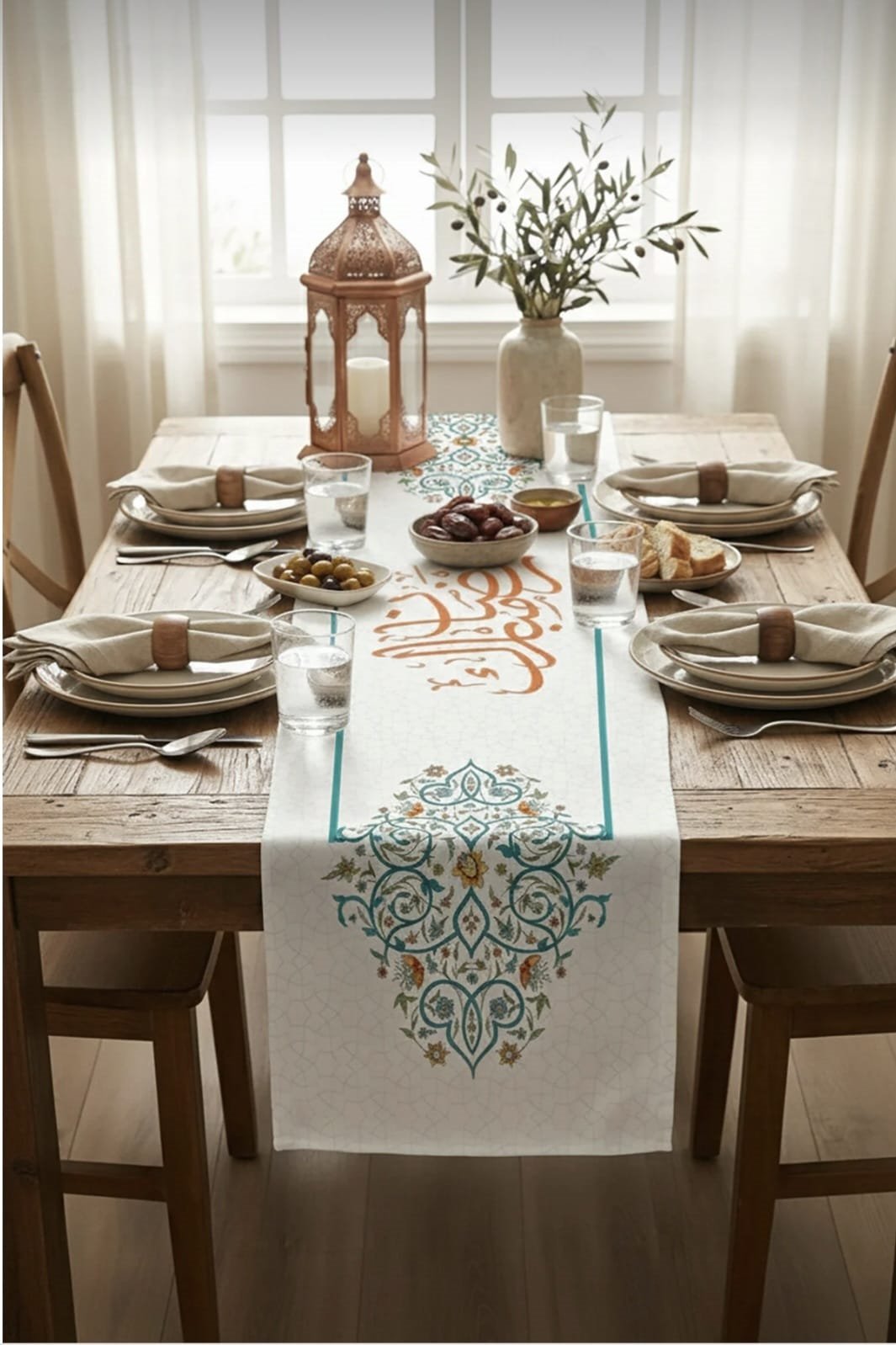 Mavi Turuncu Motifli Ramazan Temalı Dijital Baskılı Runner 4kMBS332-RN