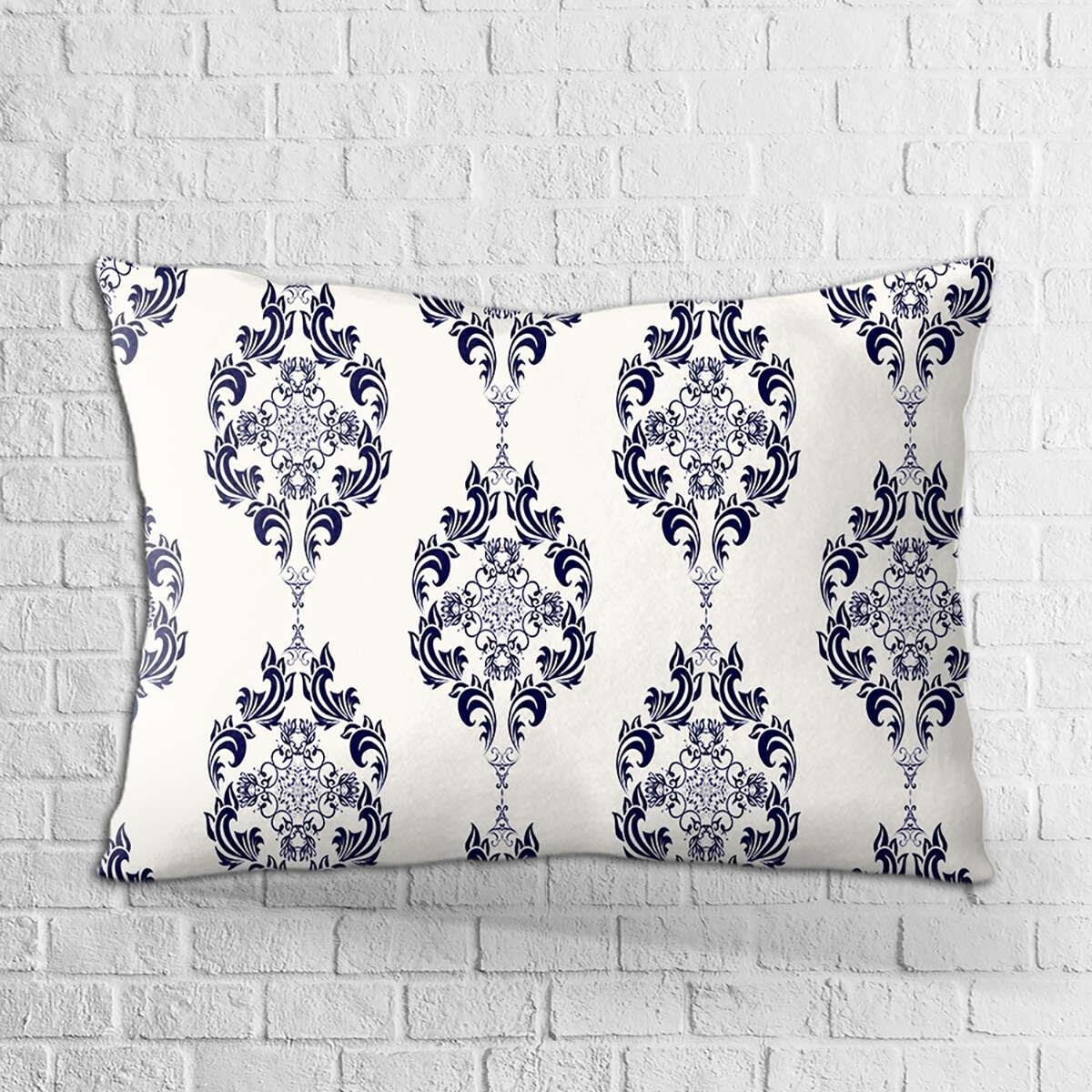 Çift Taraflı 35x50 Beyaz Lacivert Damask Desenli Dijital Baskılı Kırlent Kılıfı - OTYK013-3550